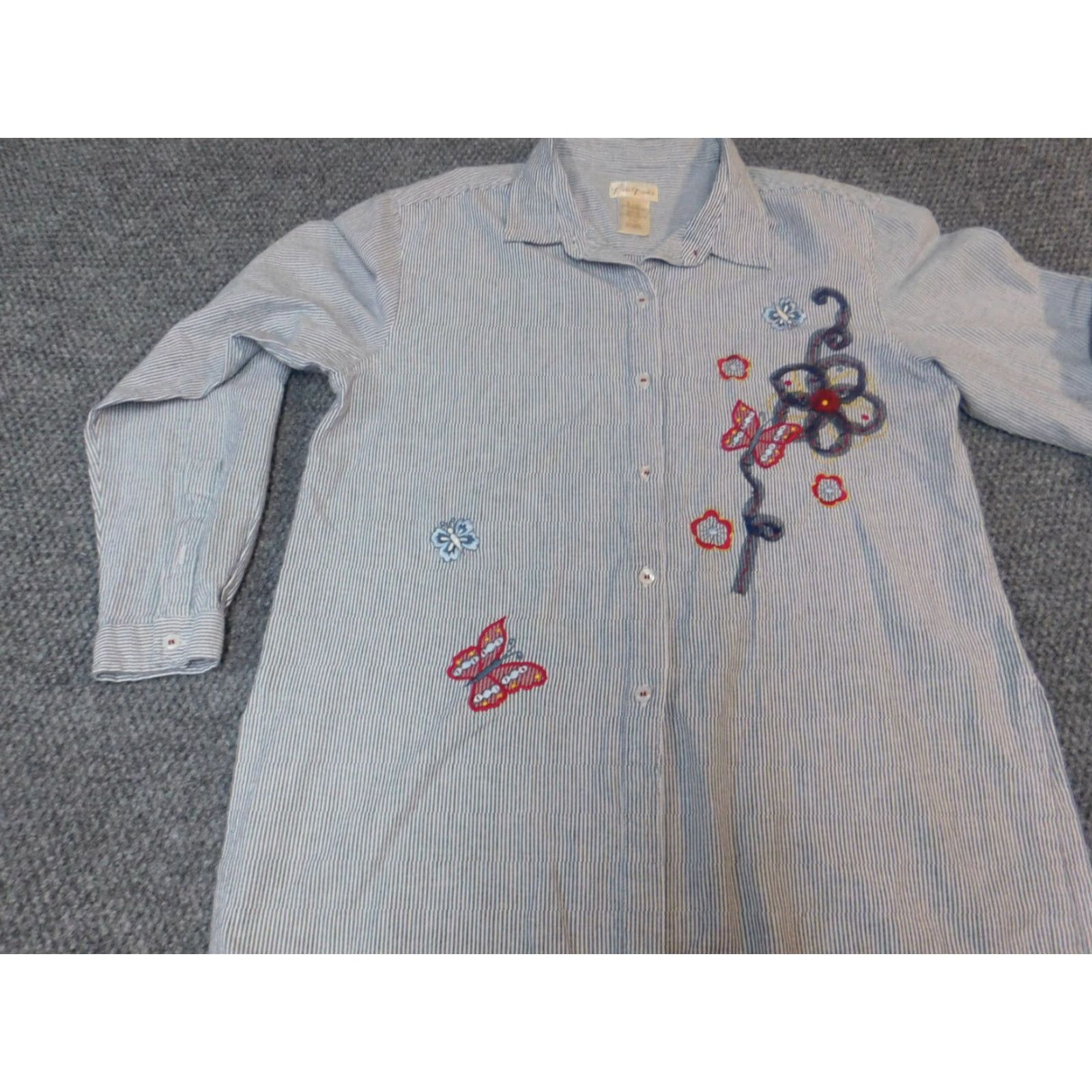 Vintage Bobbie Brooks Womens Button-Up Shirt L Blue Striped Floral Pattern Casual Long Sleeve Collared Ruffle Down Breathable Regular Polyester Vintage No Size L / US 10 / IT 46 - 3 Thumbnail
