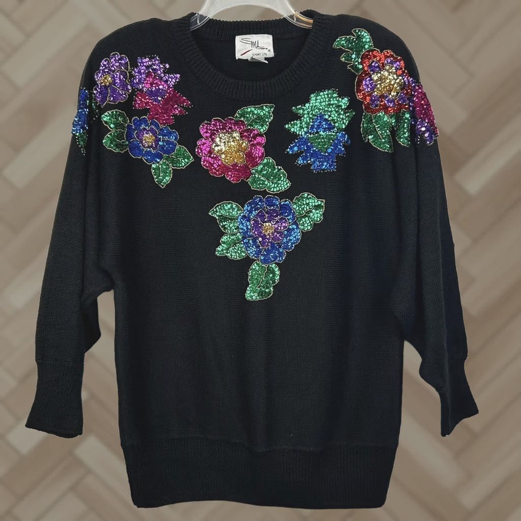Etro VINTAGE Sequin Sweater Large Floral 90s Retro Black Party Event Womens Size L / US 10 / IT 46 - 1 Thumbnail