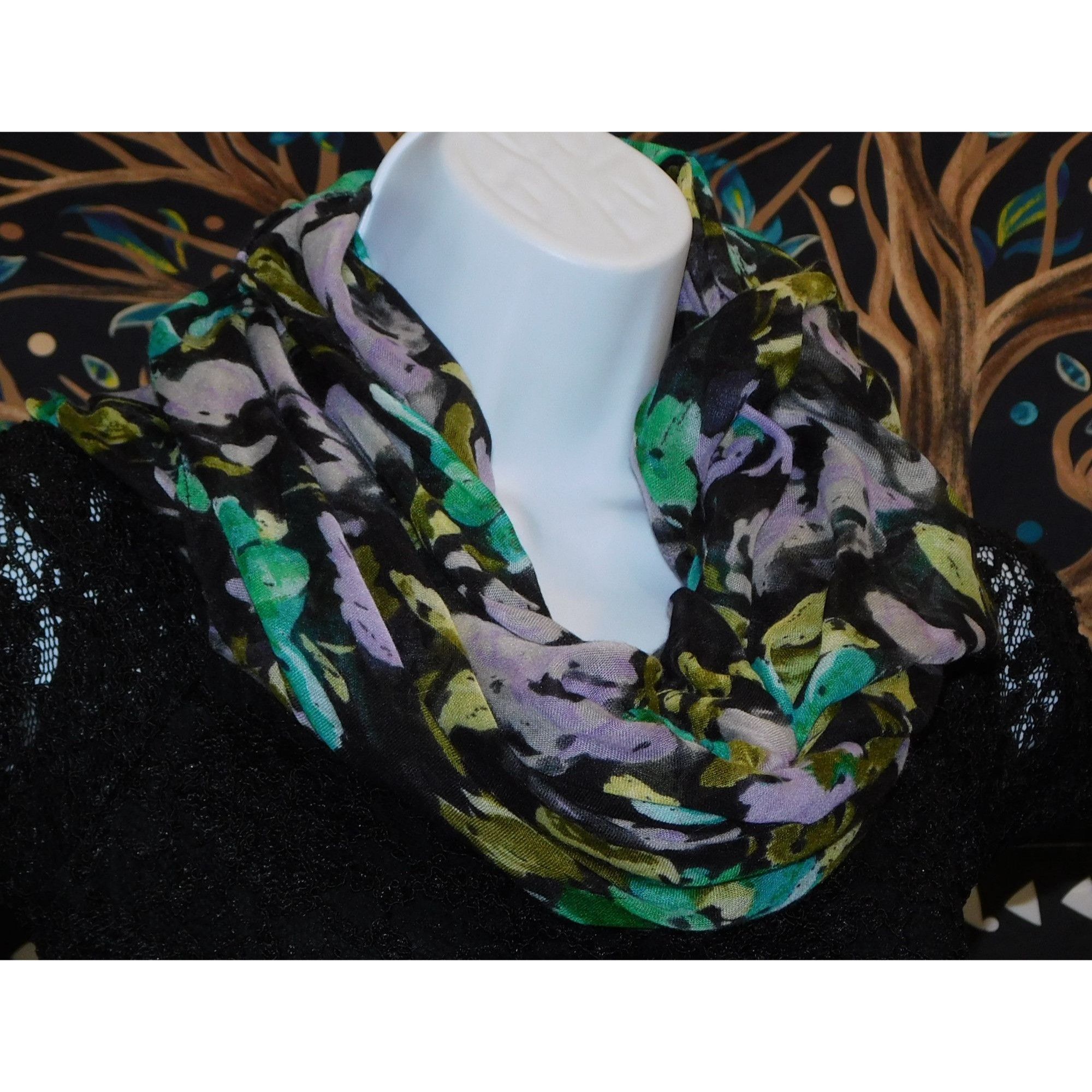Other Cottgaecore Floral Infinity Scarf Lightweight Black With Gre Size ONE SIZE - 5 Thumbnail