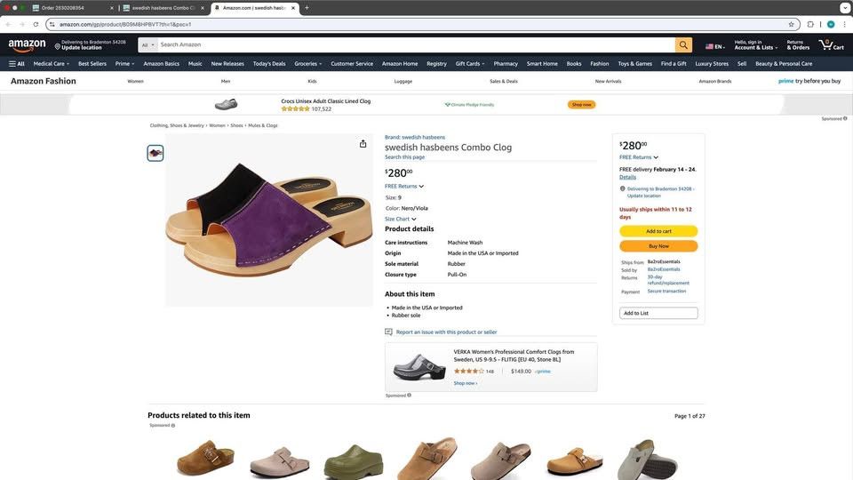 Swedish Hasbeens swedish hasbeens Combo Clog Color: Nero/Viola SAVE $110.00 Size US 9 / IT 39 - 2 Thumbnail