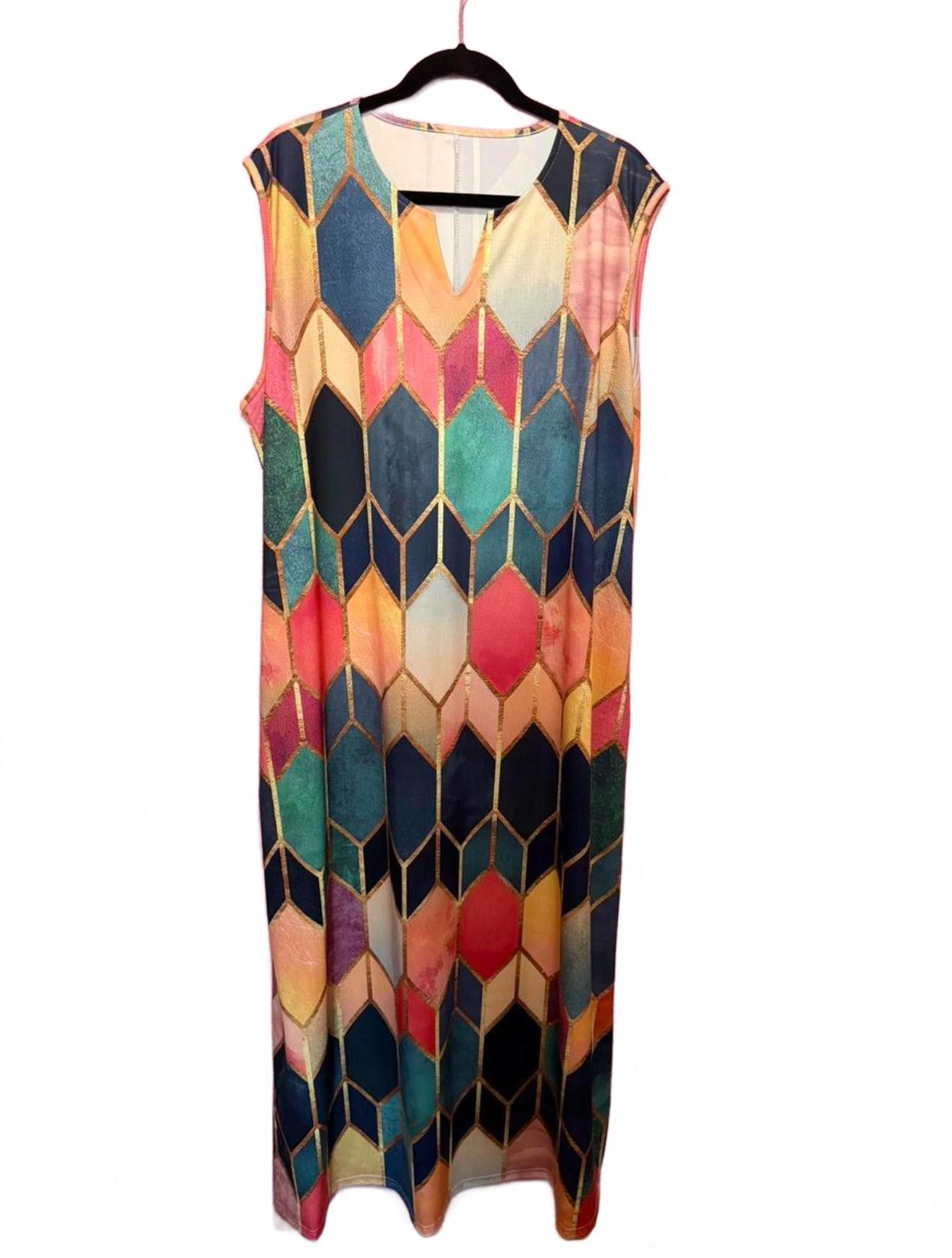 Designer Vibrant Geometric Maxi Dress Size 4XL / US 24-26 - 2 Thumbnail