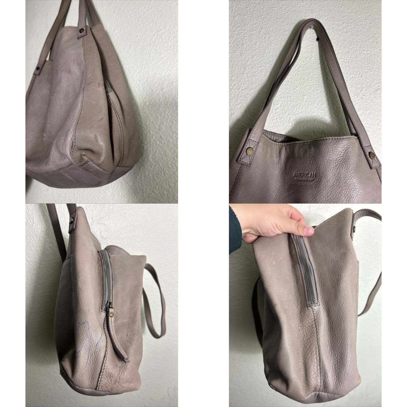 Vintage American Leather Co. Gray Pebbled Leather Double Handles Purse Satchel 13x11.5x5 Womens Ladies Bags Stains Size ONE SIZE - 8 Thumbnail