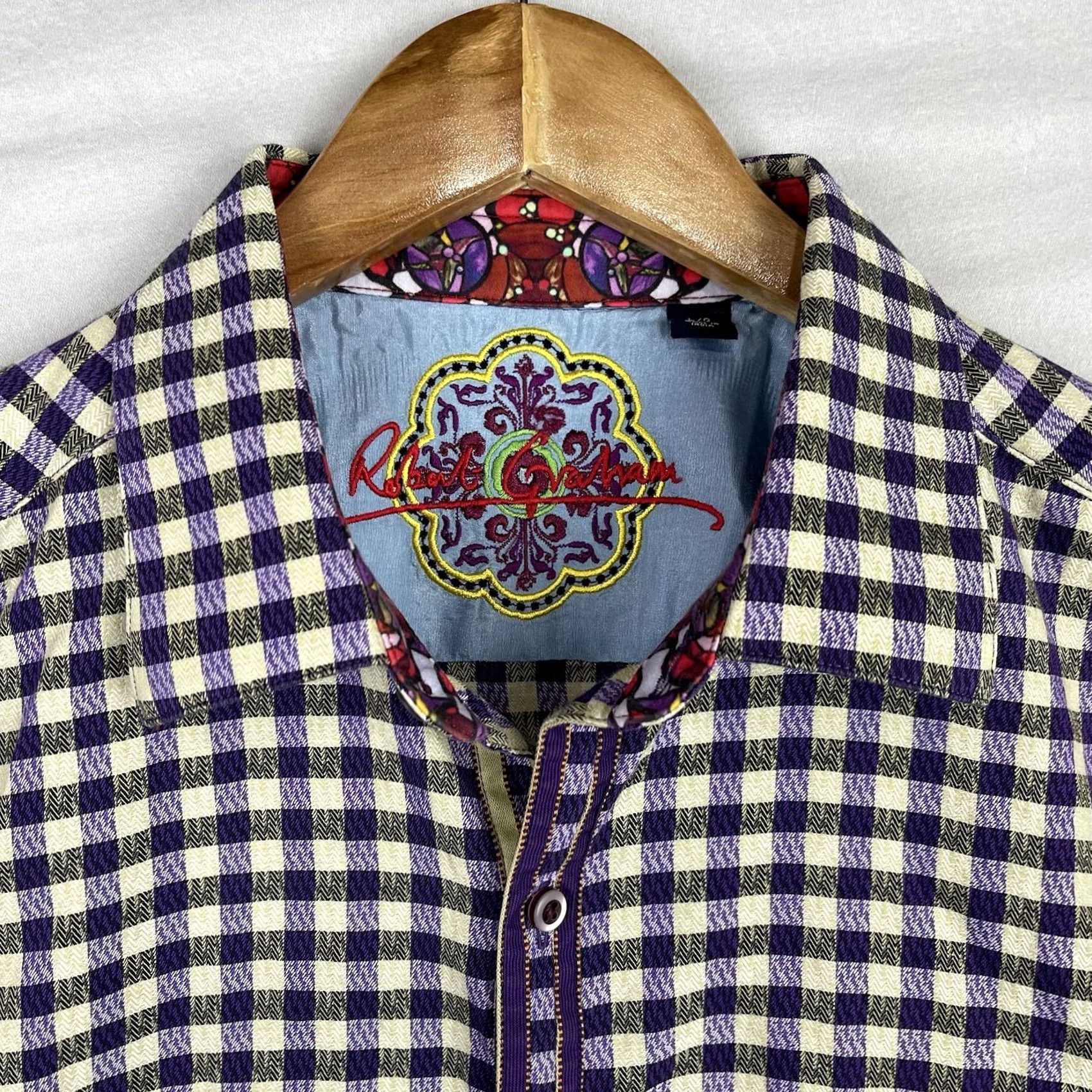 Robert Graham Robert Graham Shirt Mens Large Purple Check Button-Up Fold Flip Cuff Stained Glass Contrast Trim Button Size US L / EU 52-54 / 3 - 2 Thumbnail