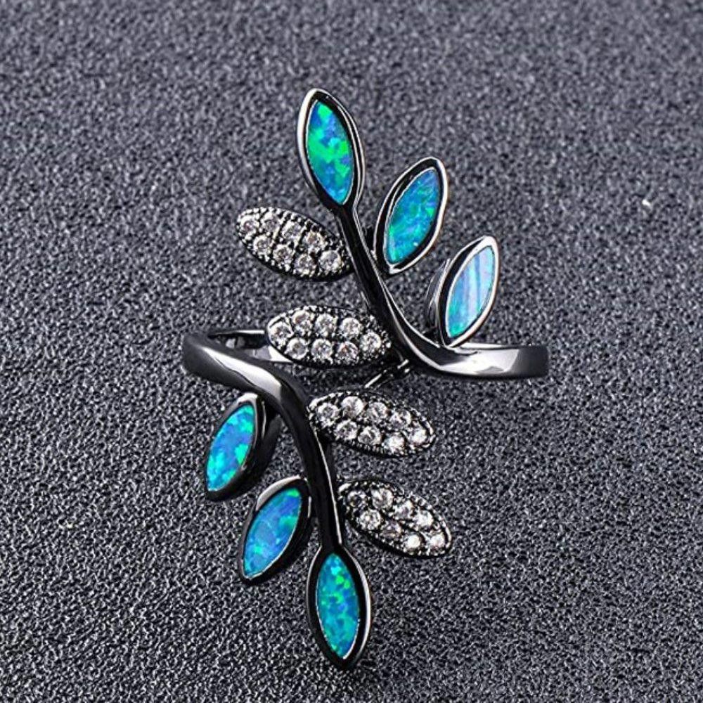 Designer 35mm Blue Opal & CZ Zircon Leaf Branch Ring - Size 7 Size ONE SIZE - 3 Thumbnail