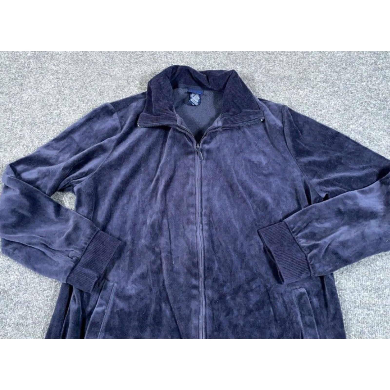Basic Editions Retro Velour Zip Track Jacket Women's Large Dark Blue Lightweight Skater Mod Size L / US 10 / IT 46 - 8 Thumbnail