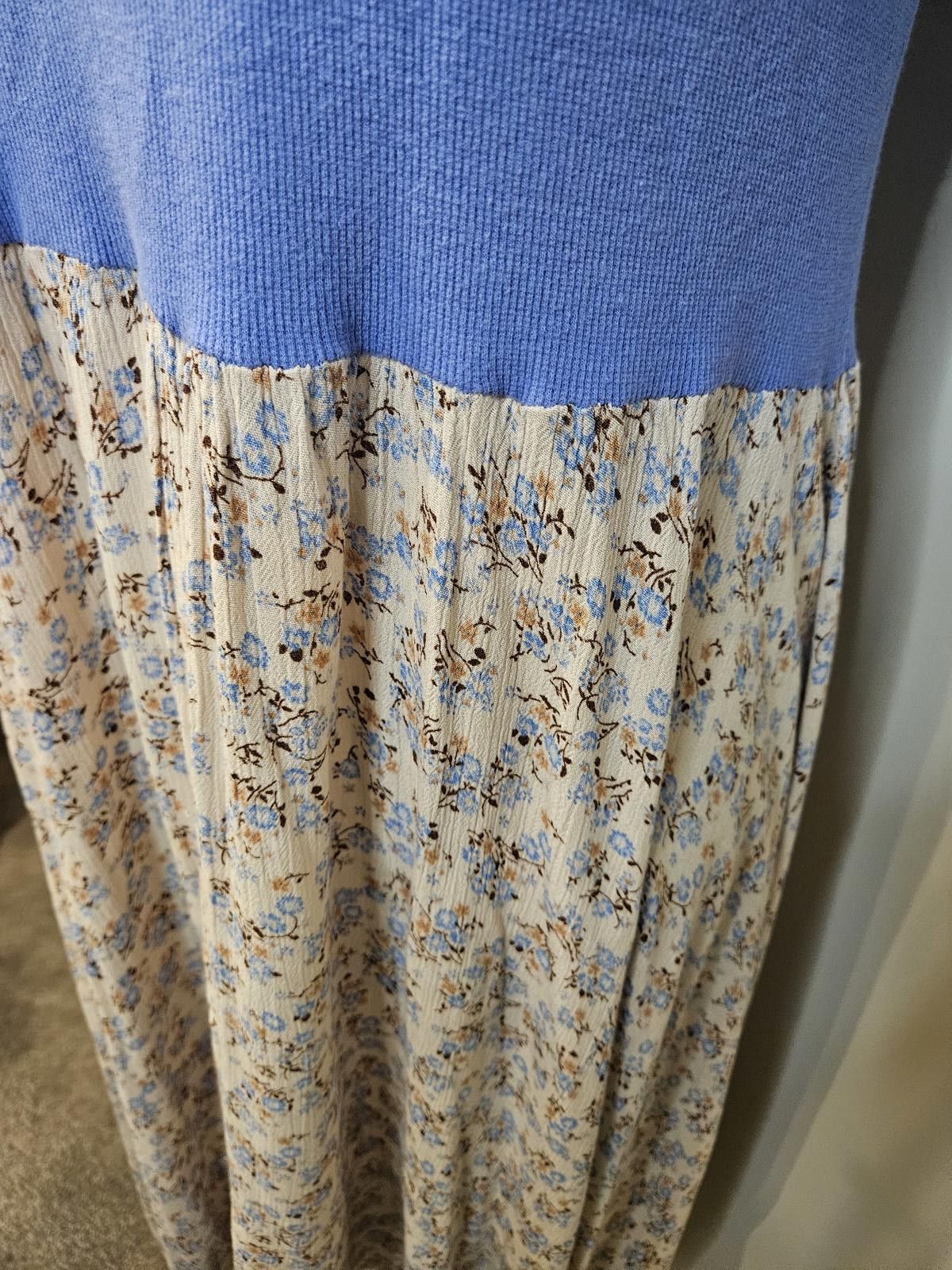 Designer Ophelia Roe Blue Floral Midi Dress with Puff Sleeves Size S / US 4 / IT 40 - 5 Thumbnail