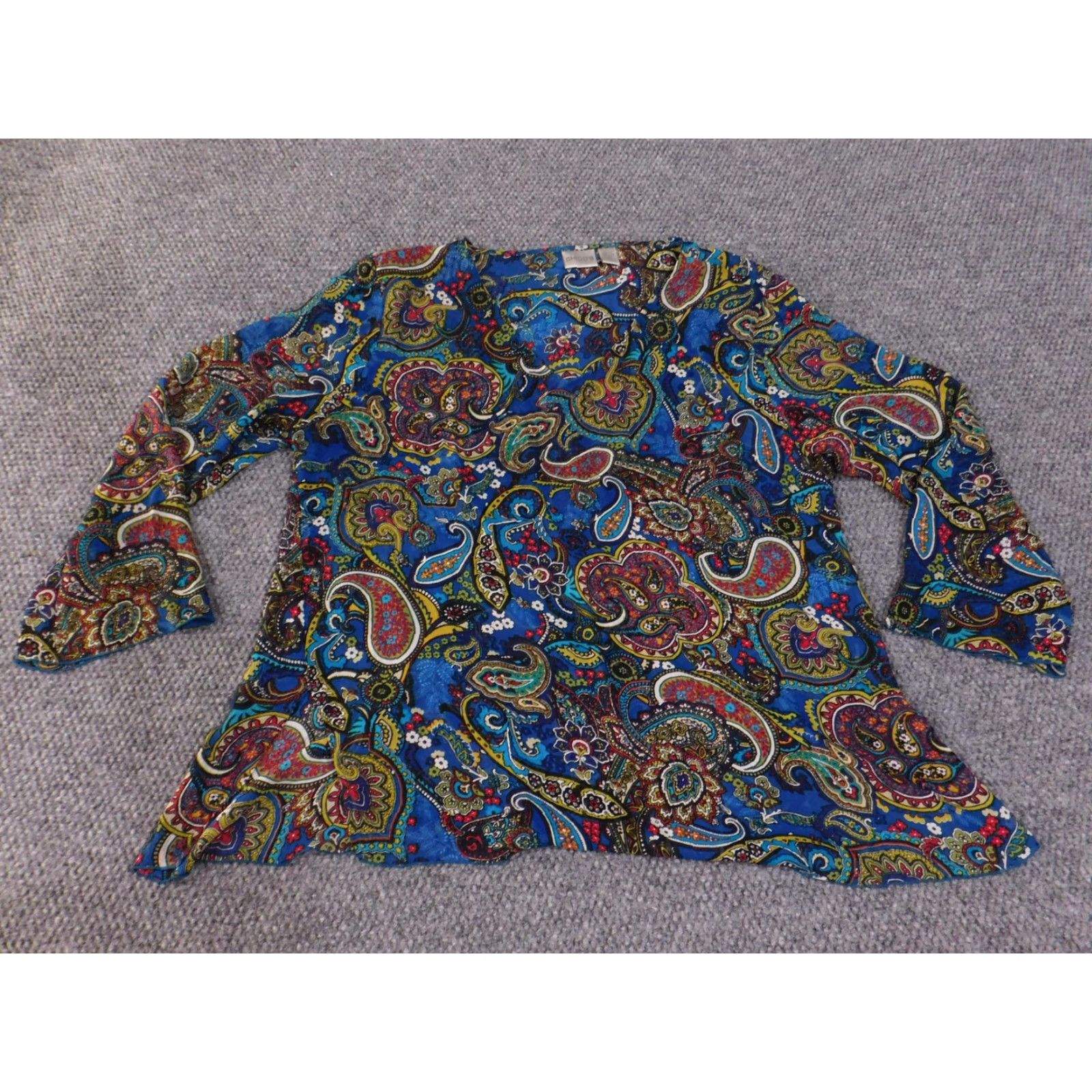 Vintage Chicos Blouse Womens 3 Blue Paisley Print 100% Silk Boho Long Sleeve Top Shirt V-Neck Interior Bell Sleeve Shilks Size XS / US 0-2 / IT 36-38 - 5 Thumbnail
