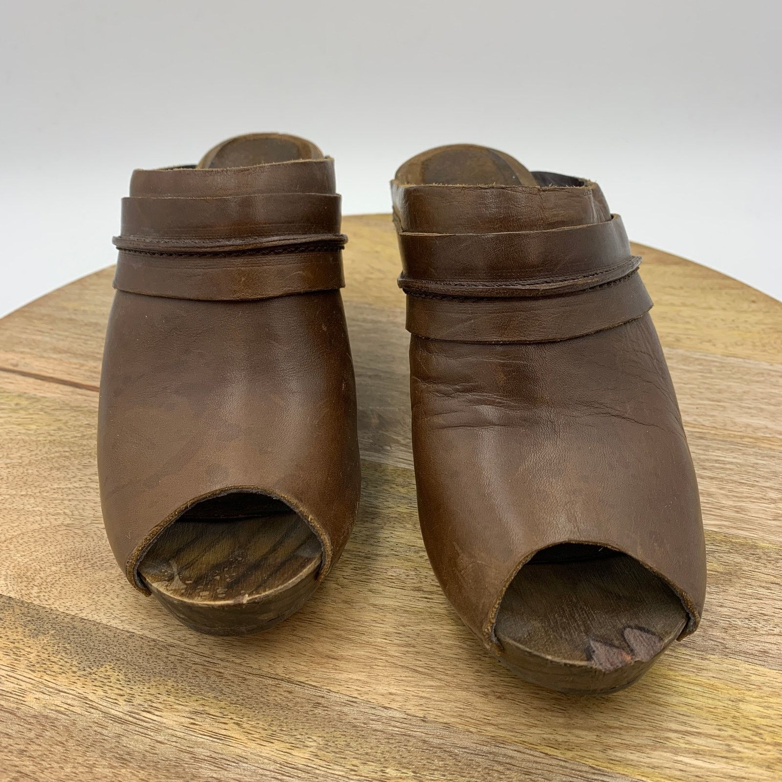 Other Vialis Wooden Peep Toe Mules Clogs Leather Brown Size US 8 / IT 38 - 2 Thumbnail