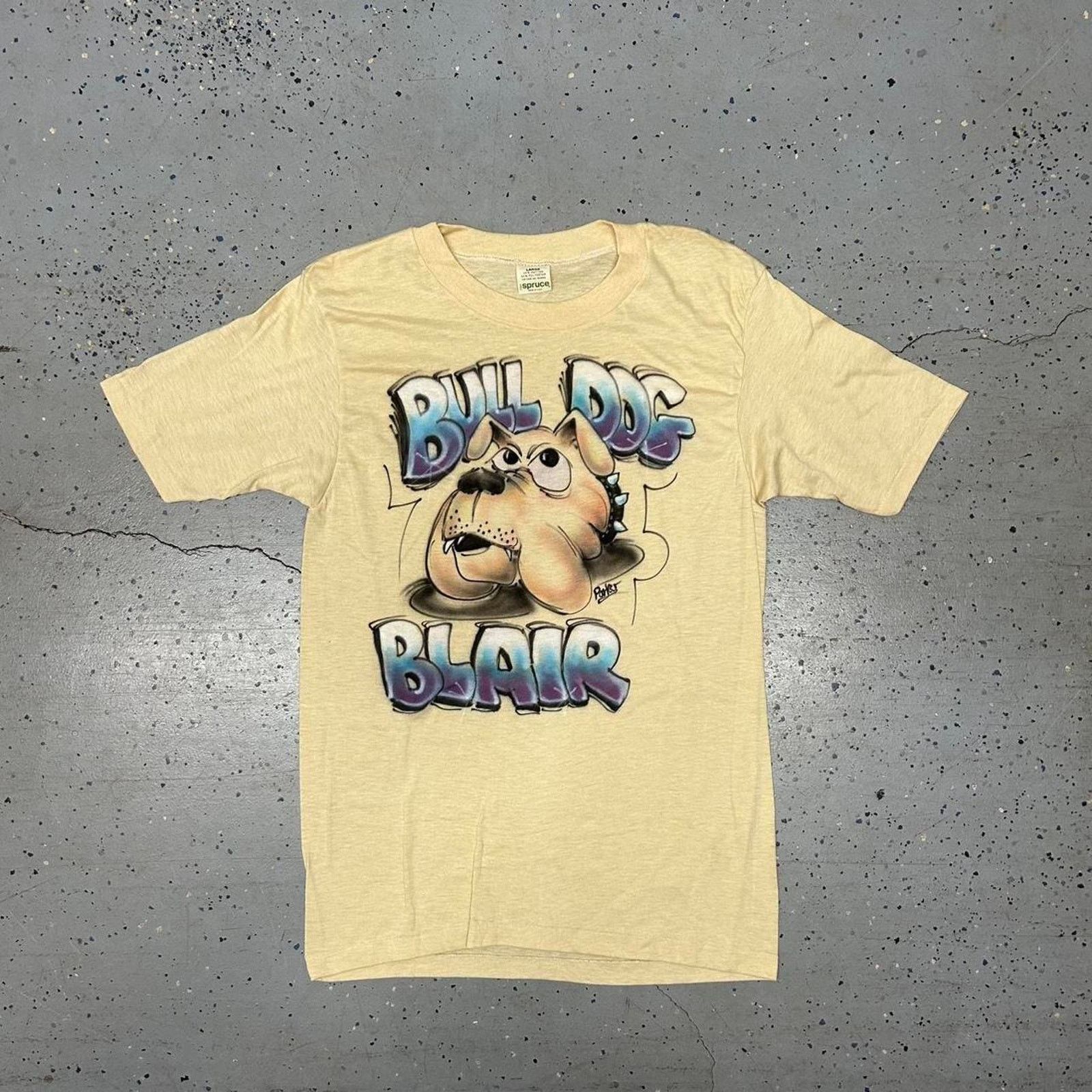 Other UK VTG 70s/80s cream airbrush graphic tee with "Bulldog Blair" Size L / US 10 / IT 46 - 1 Thumbnail