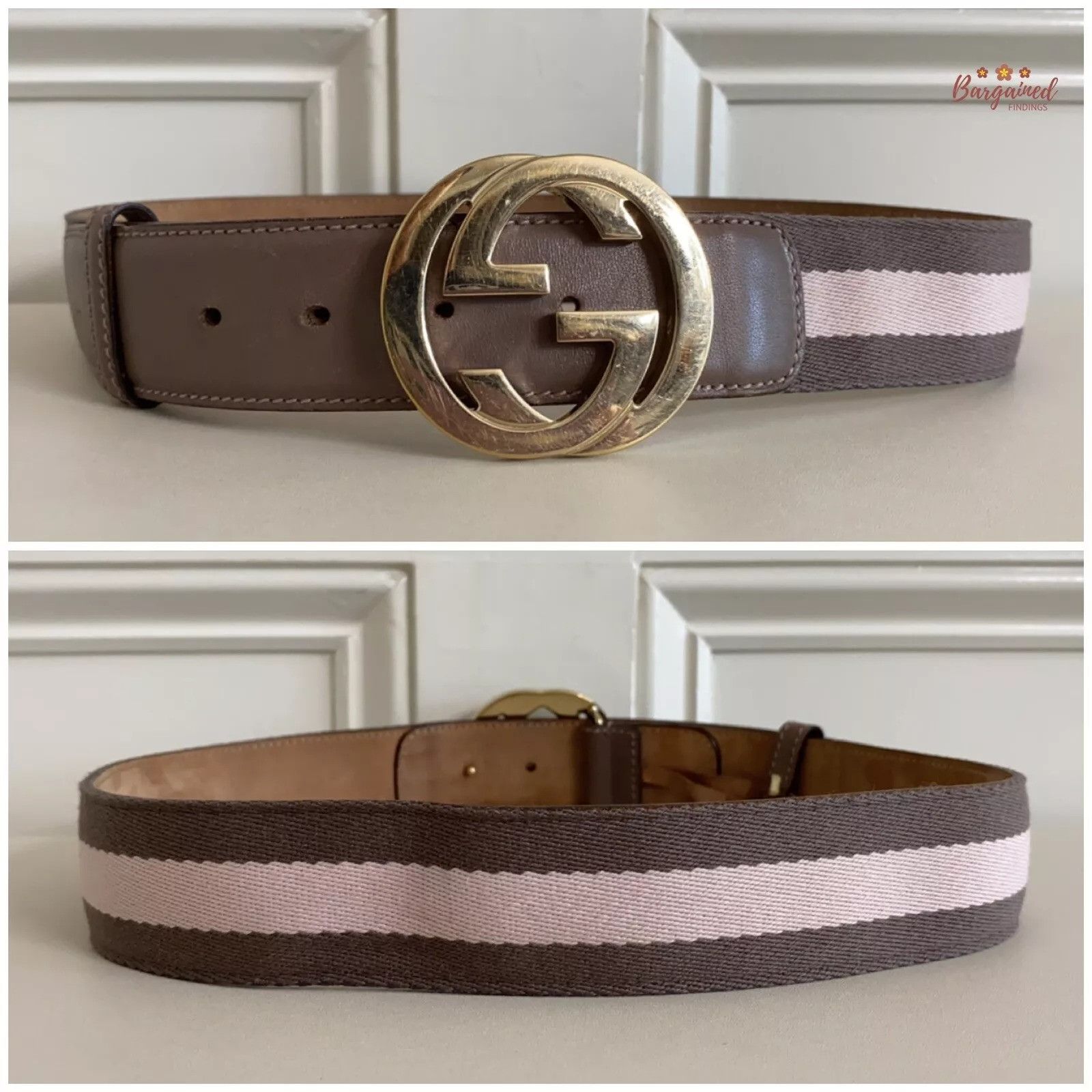 Gucci Gucci Taupe/Pink Web Leather Gold Interlocking G Buckle Belt Size 28 - 7 Thumbnail