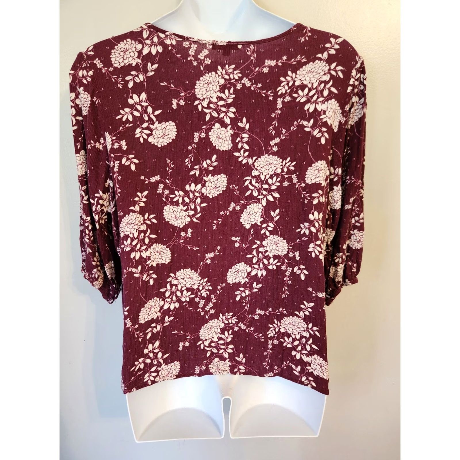 Vintage Papermoon Burgundy Clip Dot Floral Crinkle Top Bohemian Hippie 3X Purple Rayon 3/4 Sleeve Round Neck Blouse Women Plus Size Casual/Nights/Travel Size XXL / US 16-18 / IT 52-54 - 5 Thumbnail
