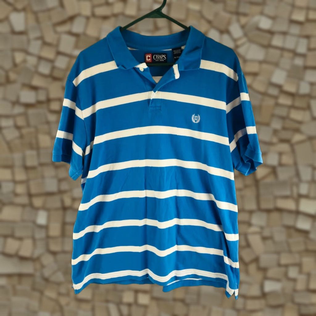Chaps Chaps Polo Shirt Men's XL Blue White Striped 1/4 Button Up Short Sleeve Collared 100% Cotton Shirt Mens Size US XL / EU 56 / 4 - 1 Thumbnail