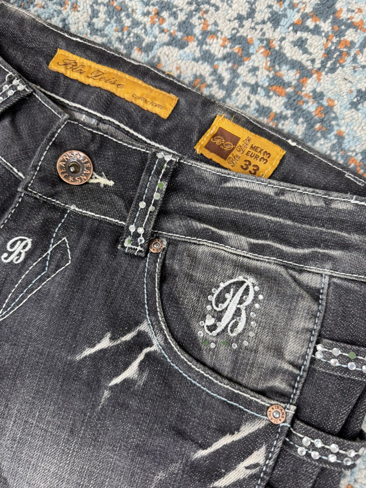 Japanese Brand × Vintage Vintage Y2K Crazy open leg side flared crystal studded denim Size 33" - 12 Thumbnail