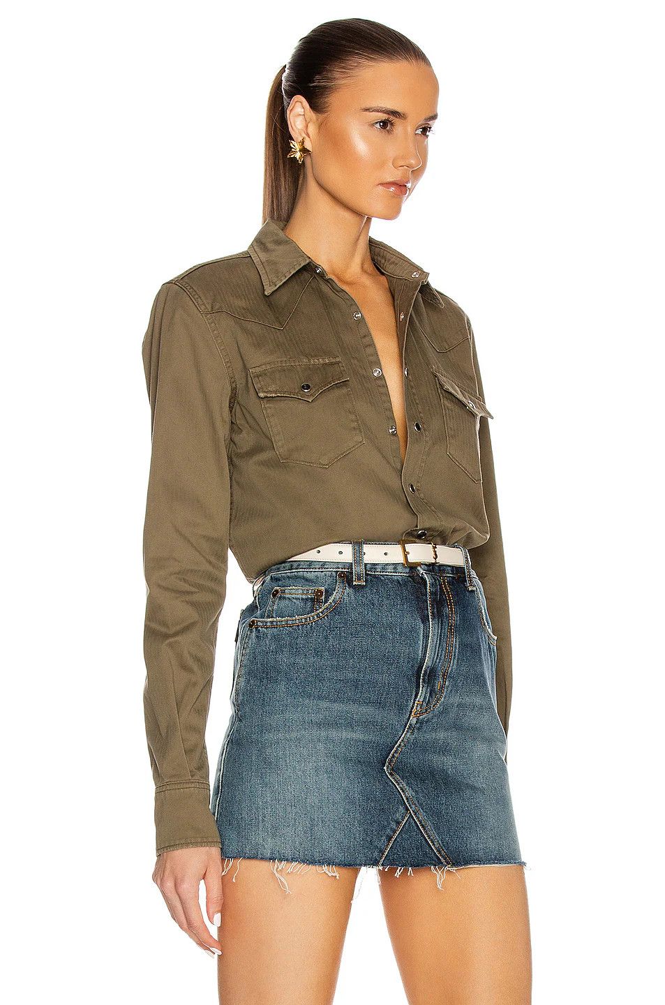 Saint Laurent Paris Khaki Classic Western Distressed Denim Shirt Size S / US 4 / IT 40 - 3 Thumbnail