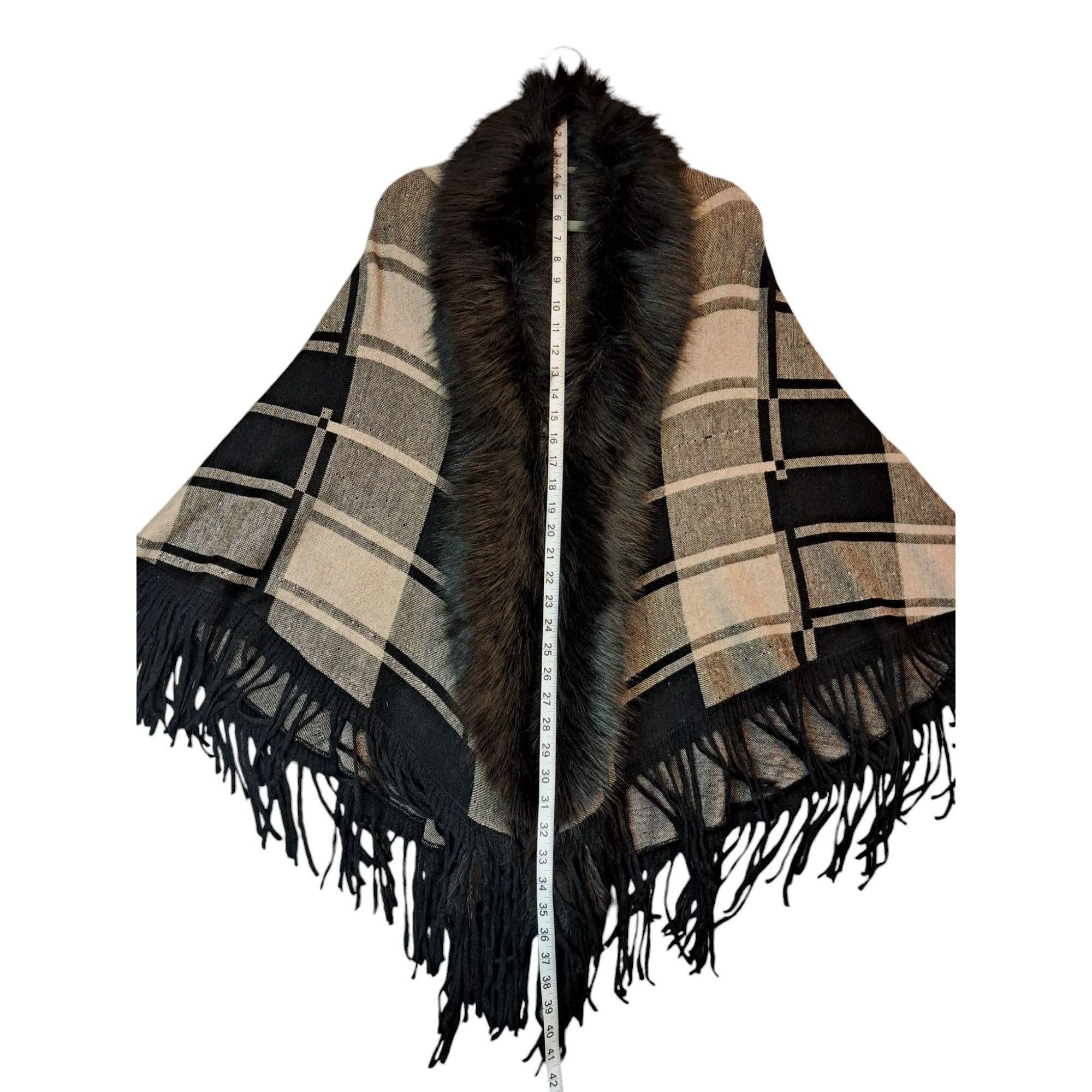 Other Shawl Black Tan Plaid Faux Fur Trimmed Fringe Wrap Size ONE SIZE - 5 Thumbnail