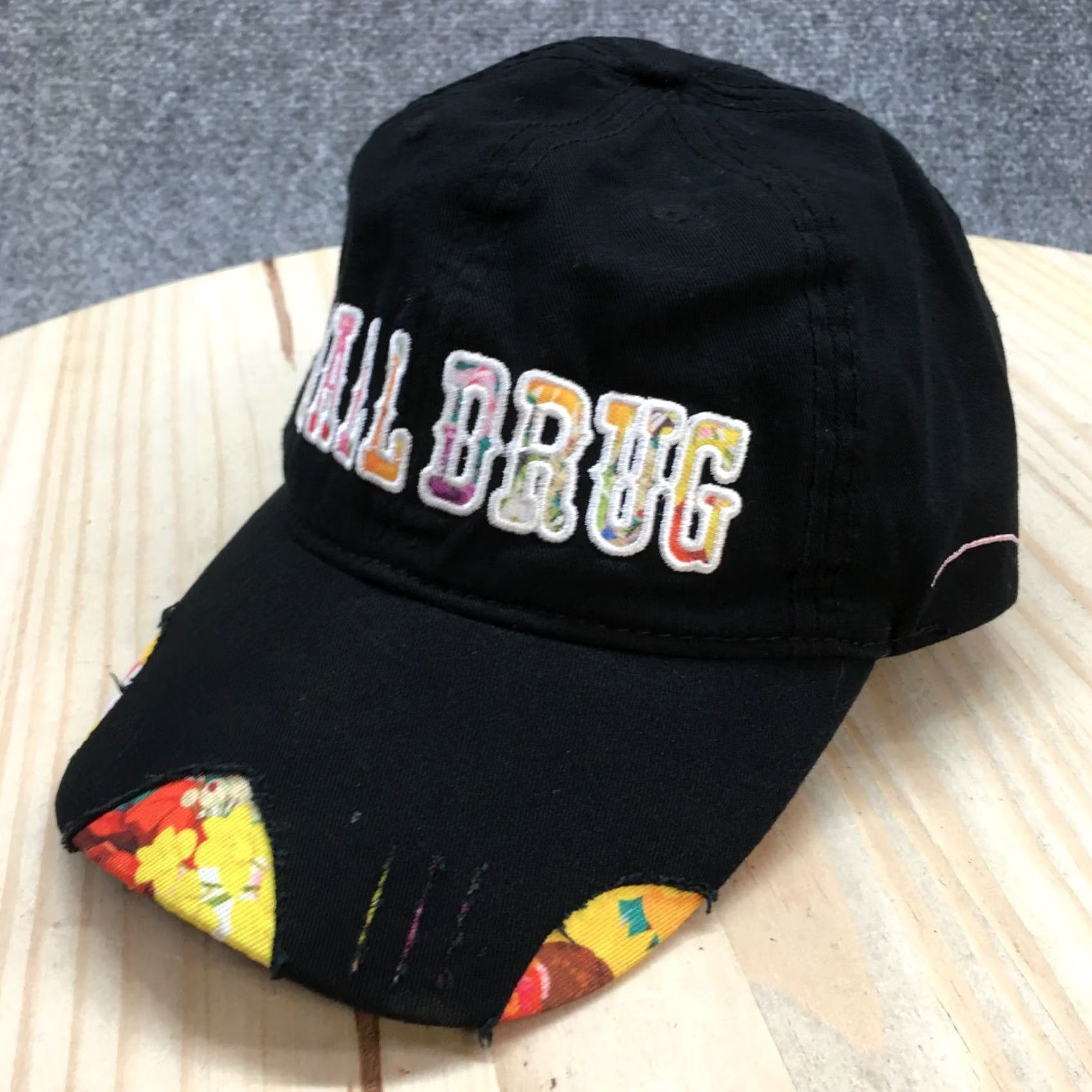 Walls Wall Drug Baseball Cap Hat Mens OS Black Floral Cotton Distressed Adjustable Size ONE SIZE - 2 Thumbnail