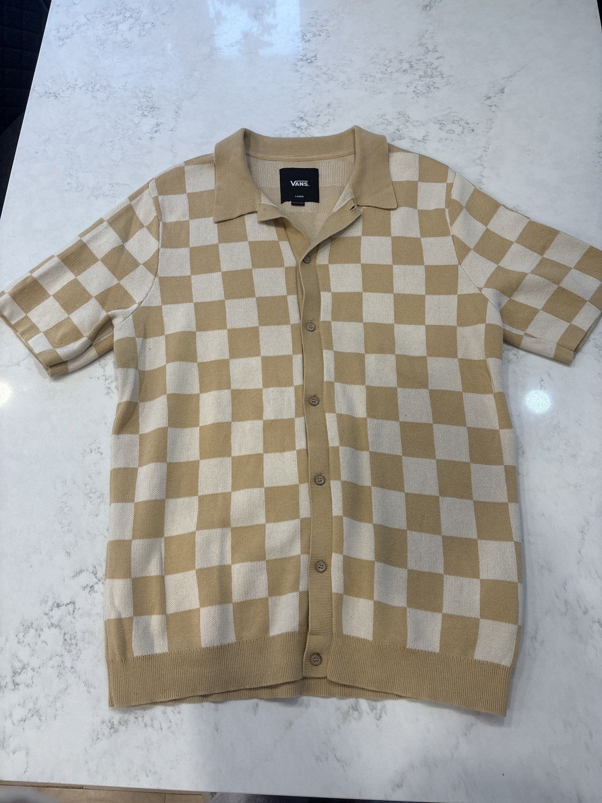 Vans Vans Checkered Knit Button-Up Polo Shirt - Beige/White Size US L / EU 52-54 / 3 - 1 Thumbnail