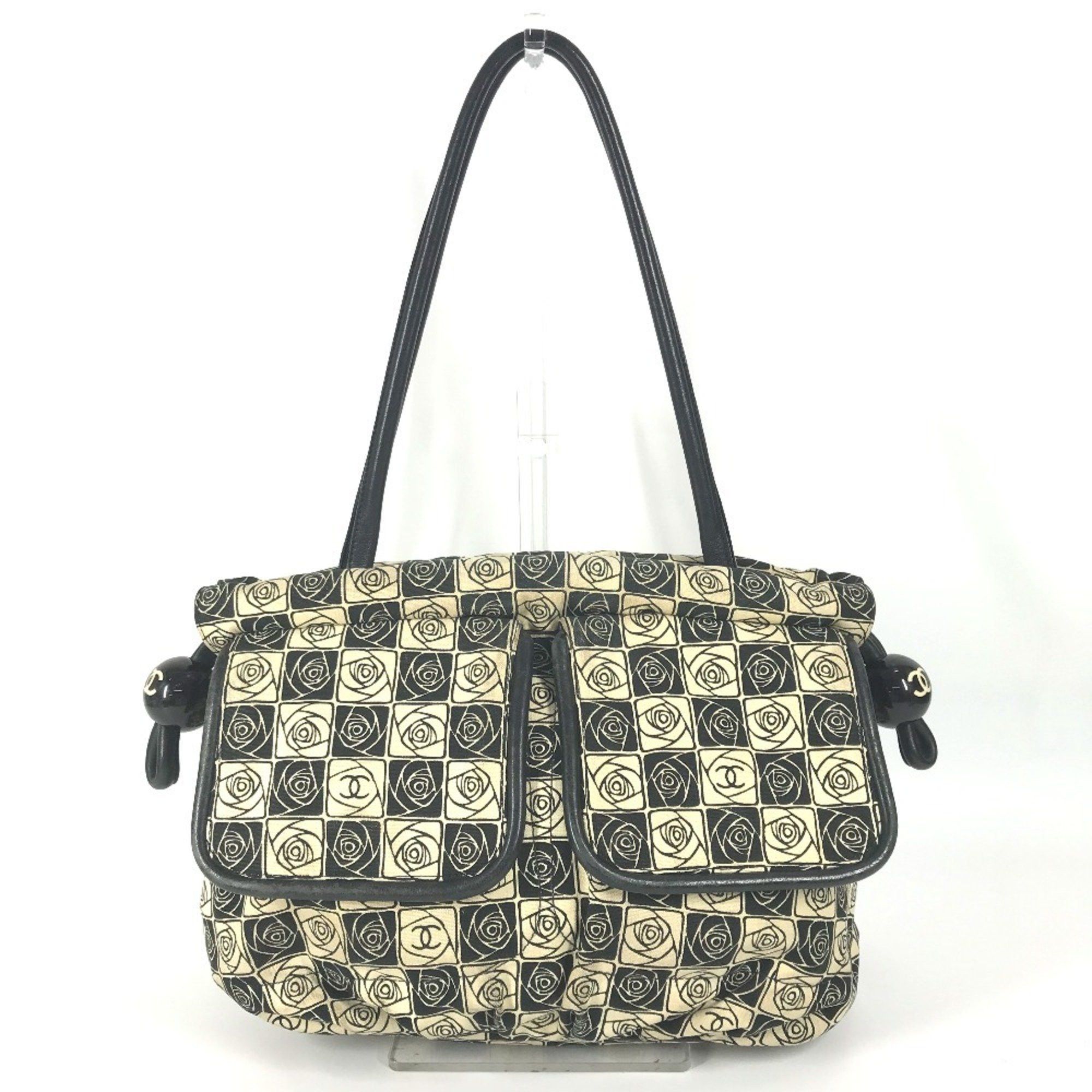 Chanel Coco Ball Camellia Cc Mark Shoulder Bag Tote Canvas Women's Black