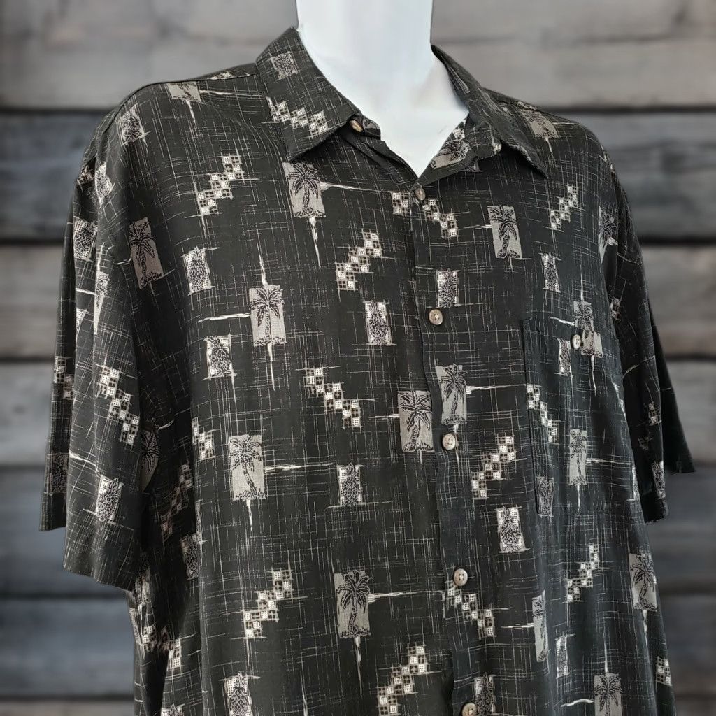 Vintage Island Shores Mens Hawaiian Shirt XL Black Gray Palm Trees Short Sleeve Rayon Button-Up Casual Size US XL / EU 56 / 4 - 1 Thumbnail