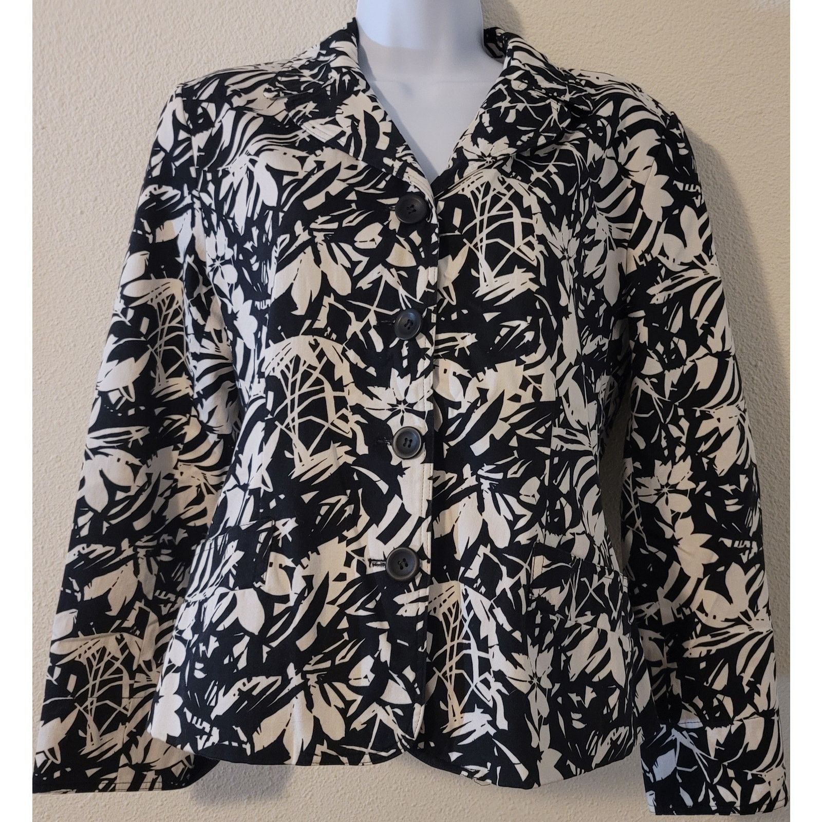 Other Laura Scott Black White Floral Print Women's Blazer 10 Size L / US 10 / IT 46 - 1 Thumbnail