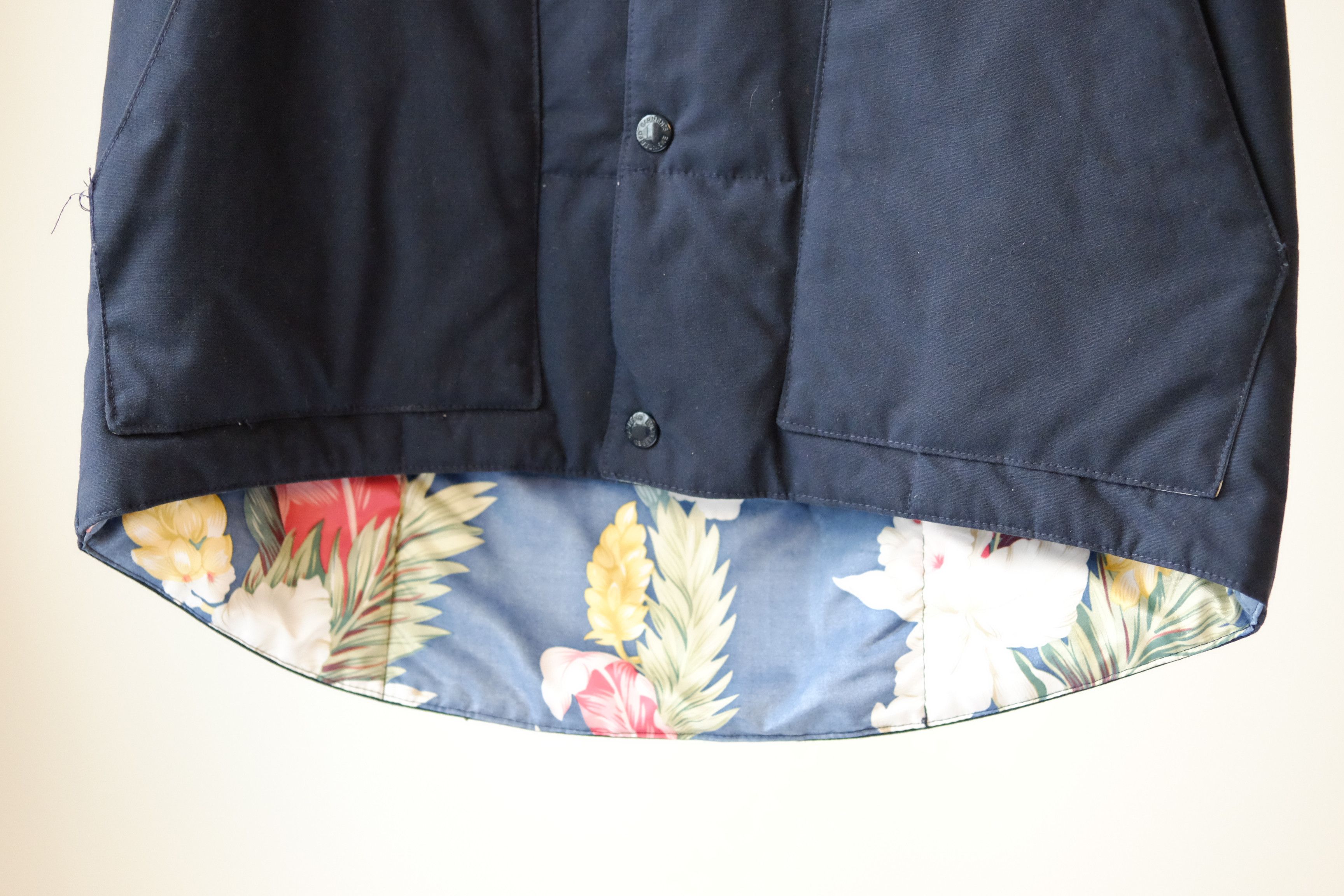 Engineered Garments Navy Hooded Work Vest w/ Floral Lining