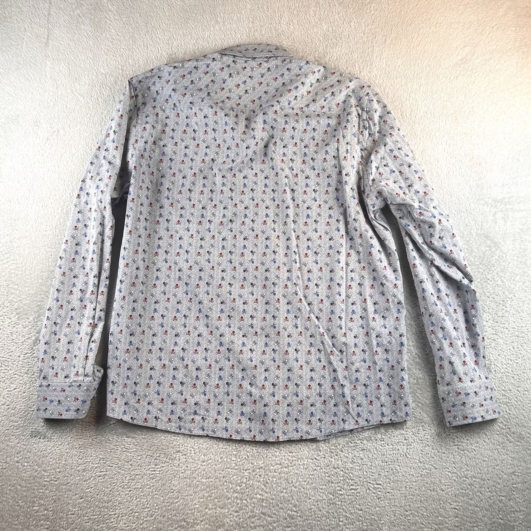 Johnston & Murphy Johnston & Murphy Skull Crossbones Micro Print Button Up Shirt Mens L Blue Cotton Long Sleeve Button-Front Classic Fit Size US L / EU 52-54 / 3 - 2 Thumbnail