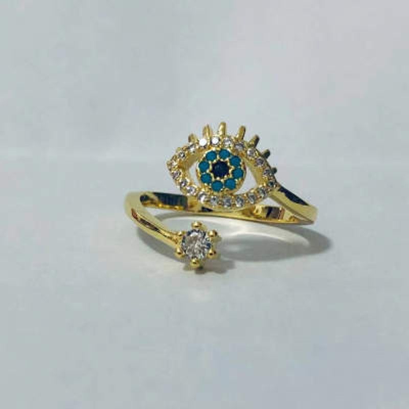 Jewelry Evil Eye Adjustable Ring Blue White Black CZ Crystals Gold Size ONE SIZE - 2 Thumbnail