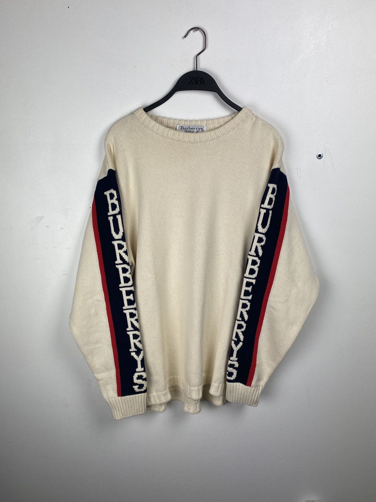 image of Vintage Burberry Knight Logo Cable Knit Cotton Sweater 70's in Light Beige, Men's (Size Small)