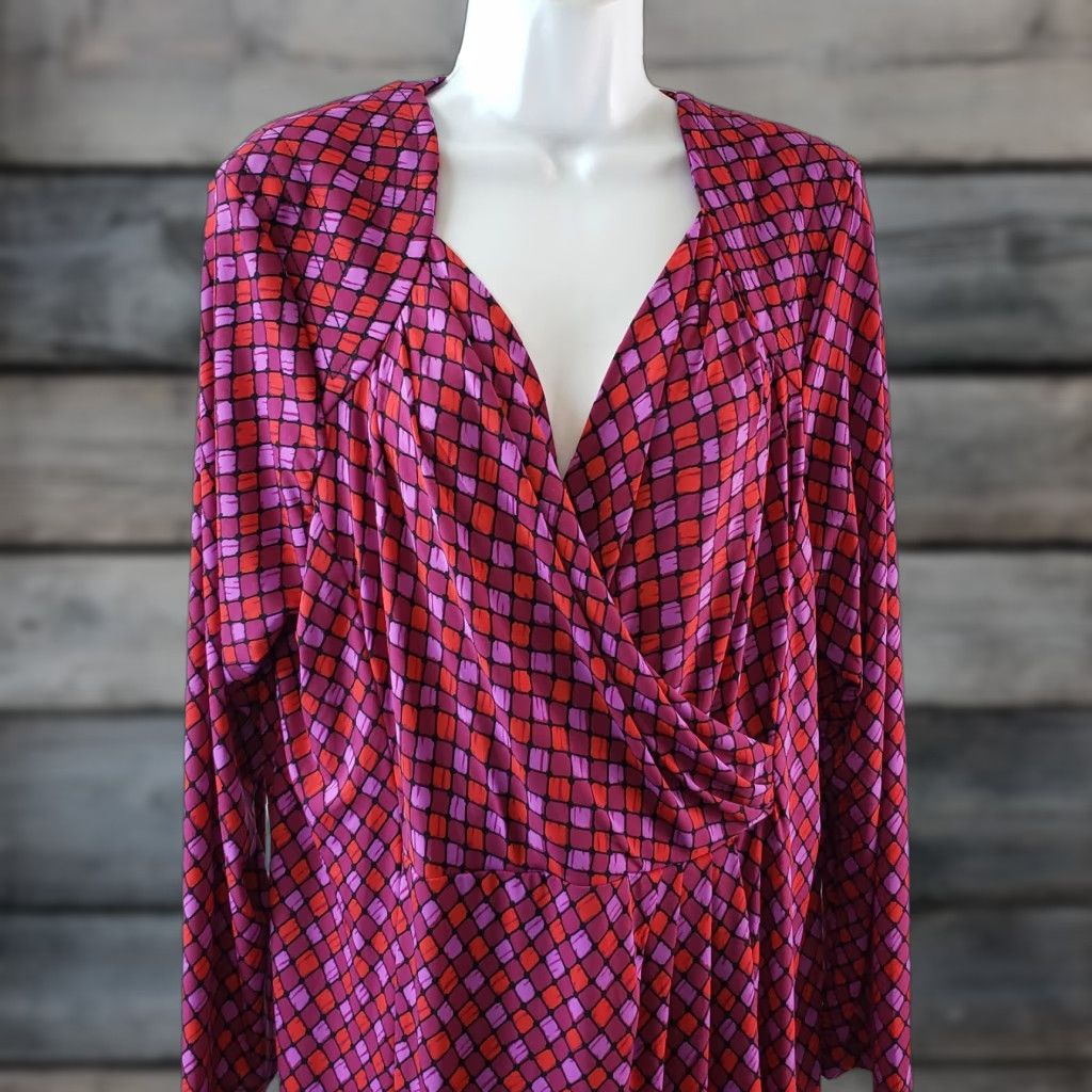 Bob Mackie Bob Mackie Womens Dress XL Wrap Dress Long Sleeve Purple Red Geometric Pattern Knee Length Vintage No Womens Size XL / US 12-14 / IT 48-50 - 1 Thumbnail