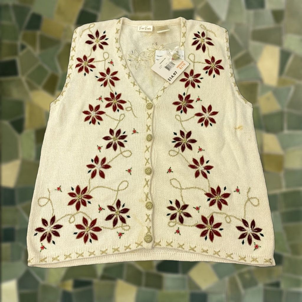 Vintage VINTAGE Bobbie Brooks Sweater Vest Womens Medium White Christmas Poinsettia Beaded Embroidered 80s Size M / US 6-8 / IT 42-44 - 1 Thumbnail