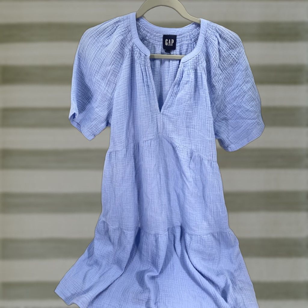 Gap Gap Gauze Tiered Dress Women XS Blue Short Sleeve Pockets Crinkled NWT Maxi Dress Size 26" / US 2 / IT 38 - 1 Thumbnail