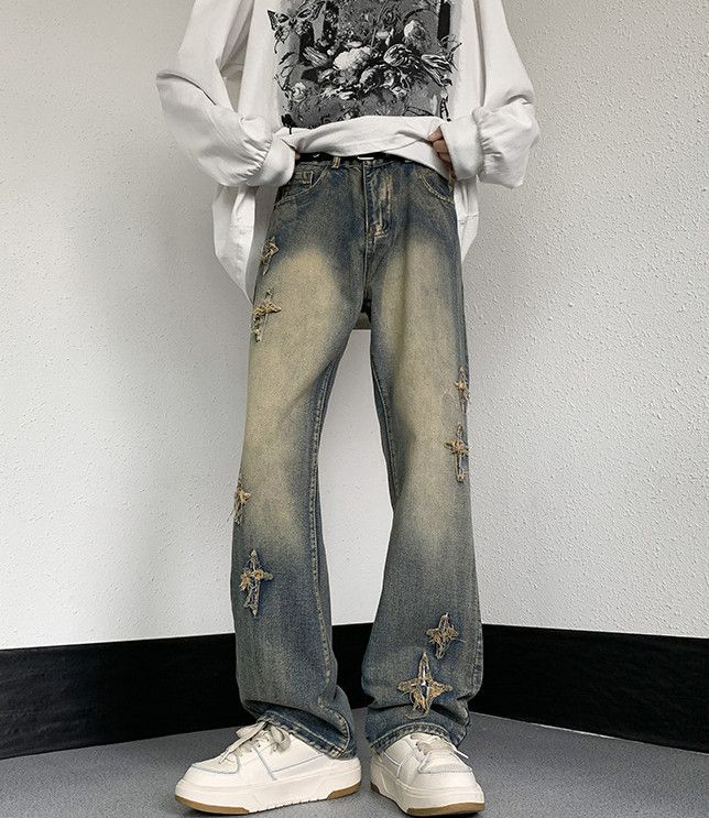 Men's American high street cross embroidered loose jeans