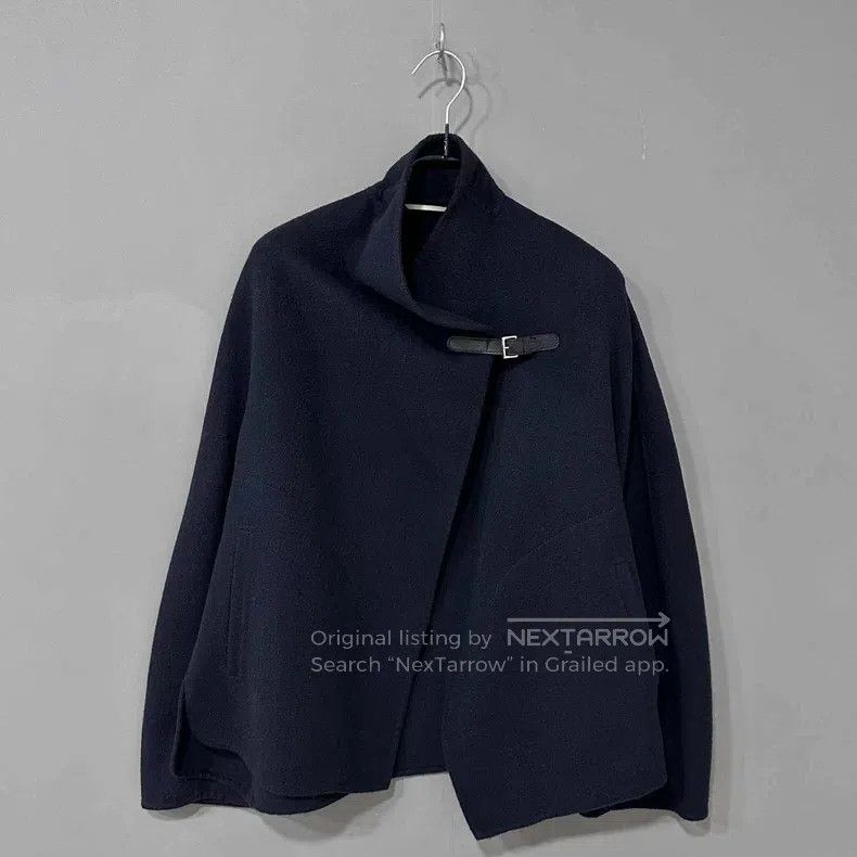 Hermes Navy blue leather buttoned cashmere coat