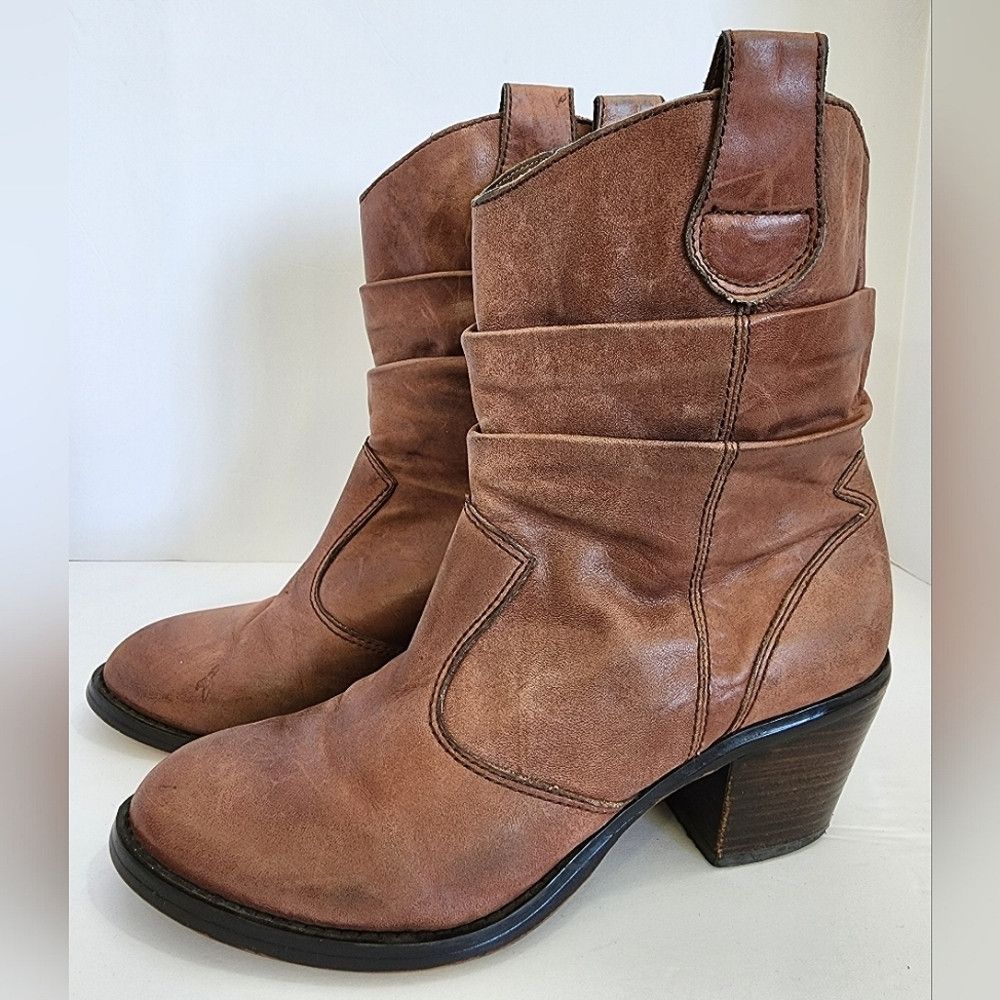Other Arturo Chiang Brown Slip-In Leather Ankle Cowgirl Boots Size US 9 / IT 39 - 1 Thumbnail