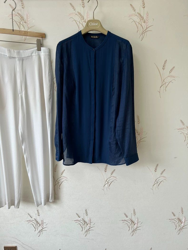 LORO PIANA Dark blue linen silk top