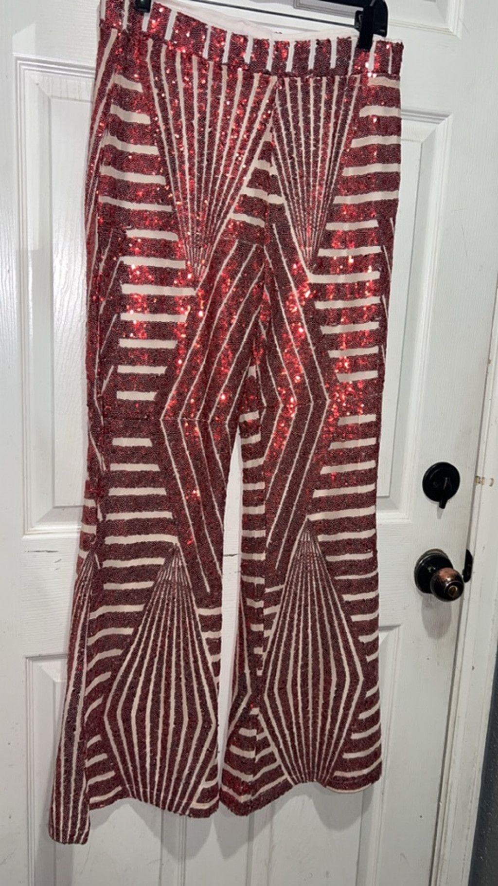 The Unbranded Brand Women's Red & Beige Sequin Flare Pants XL Size 38" / US 16 / IT 52 - 2 Thumbnail