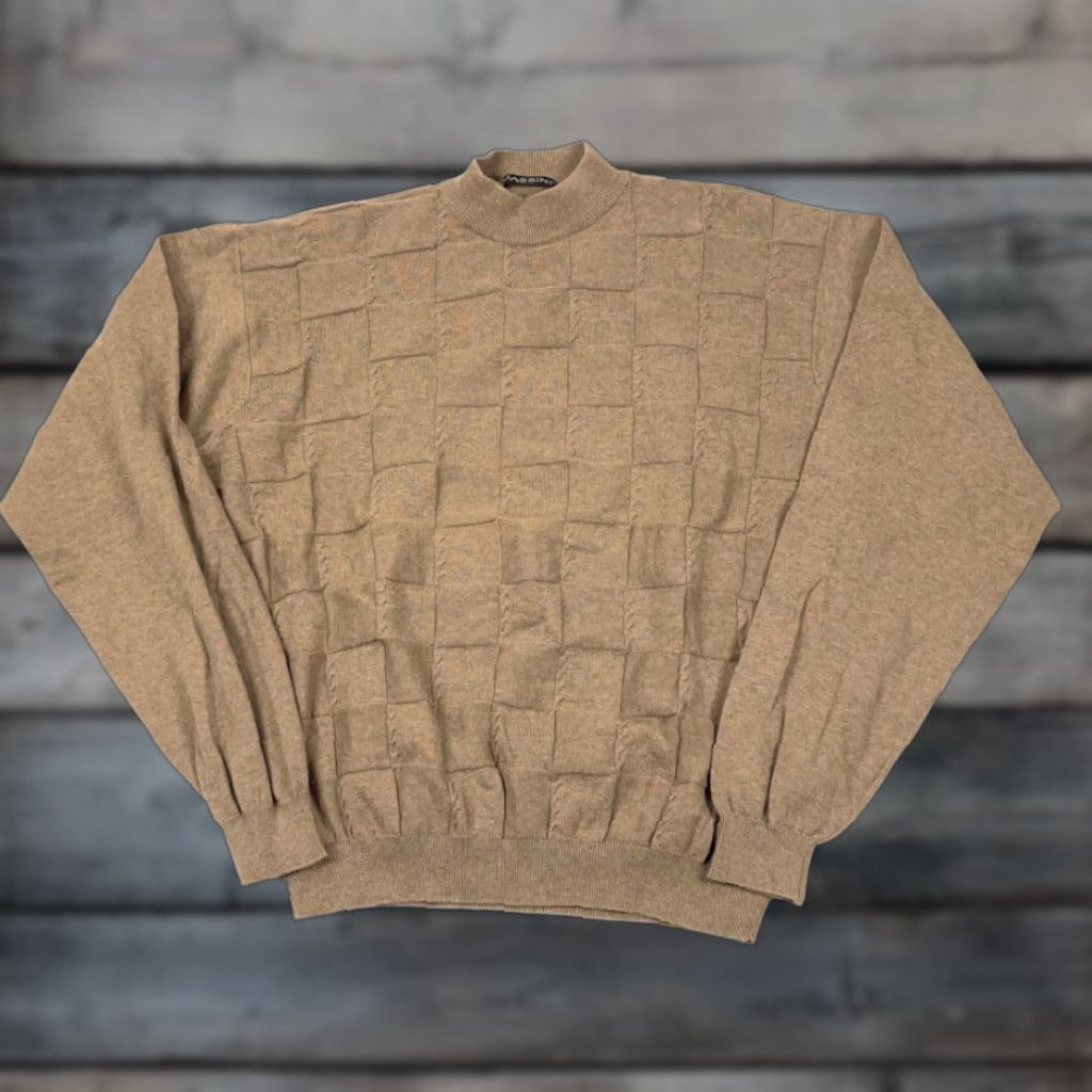 Vintage VTG 90s Beige Textured Grid Mock Neck Pullover Sweater Massini Adult Large Mens Size US L / EU 52-54 / 3 - 1 Thumbnail