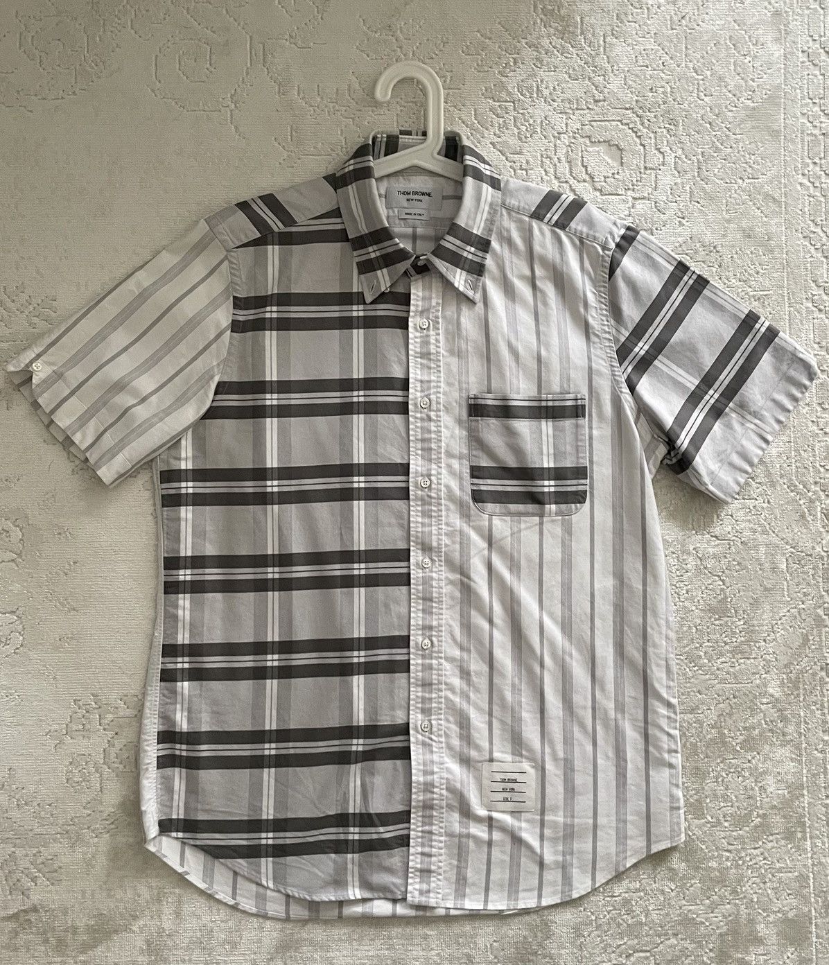 image of Thom Browne Fun Mix Short Sleeved Shirt in Grey, Men's (Size Medium)