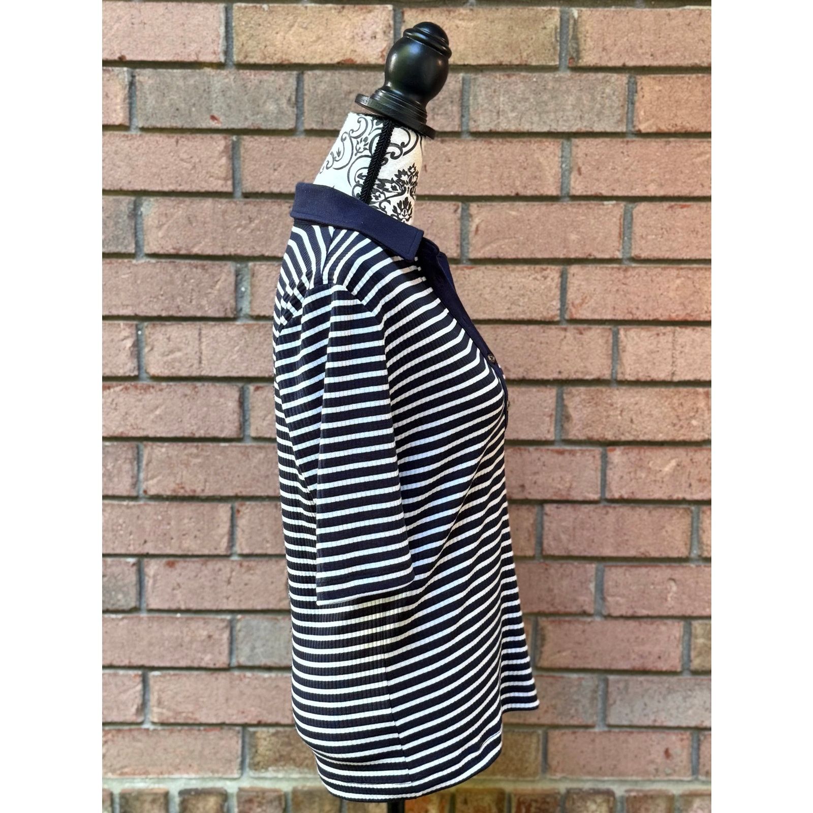 Loft EUC LOFT Women's Navy White Striped Collared Blouse Large Size L / US 10 / IT 46 - 2 Thumbnail