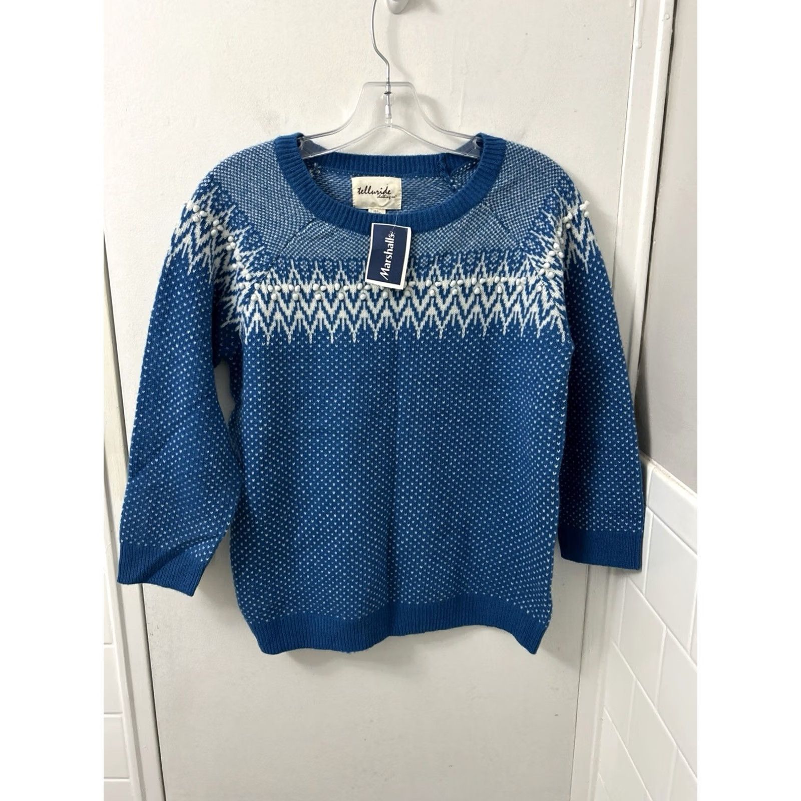 CO Telluride Clothing Co. Sweater Womens Large Blue White Crew Knit Raglan Sleeve NWT Beaded Fair Isle Pullover Casual Season Winter Holiday 3/4 Sleeve Size L / US 10 / IT 46 - 2 Thumbnail