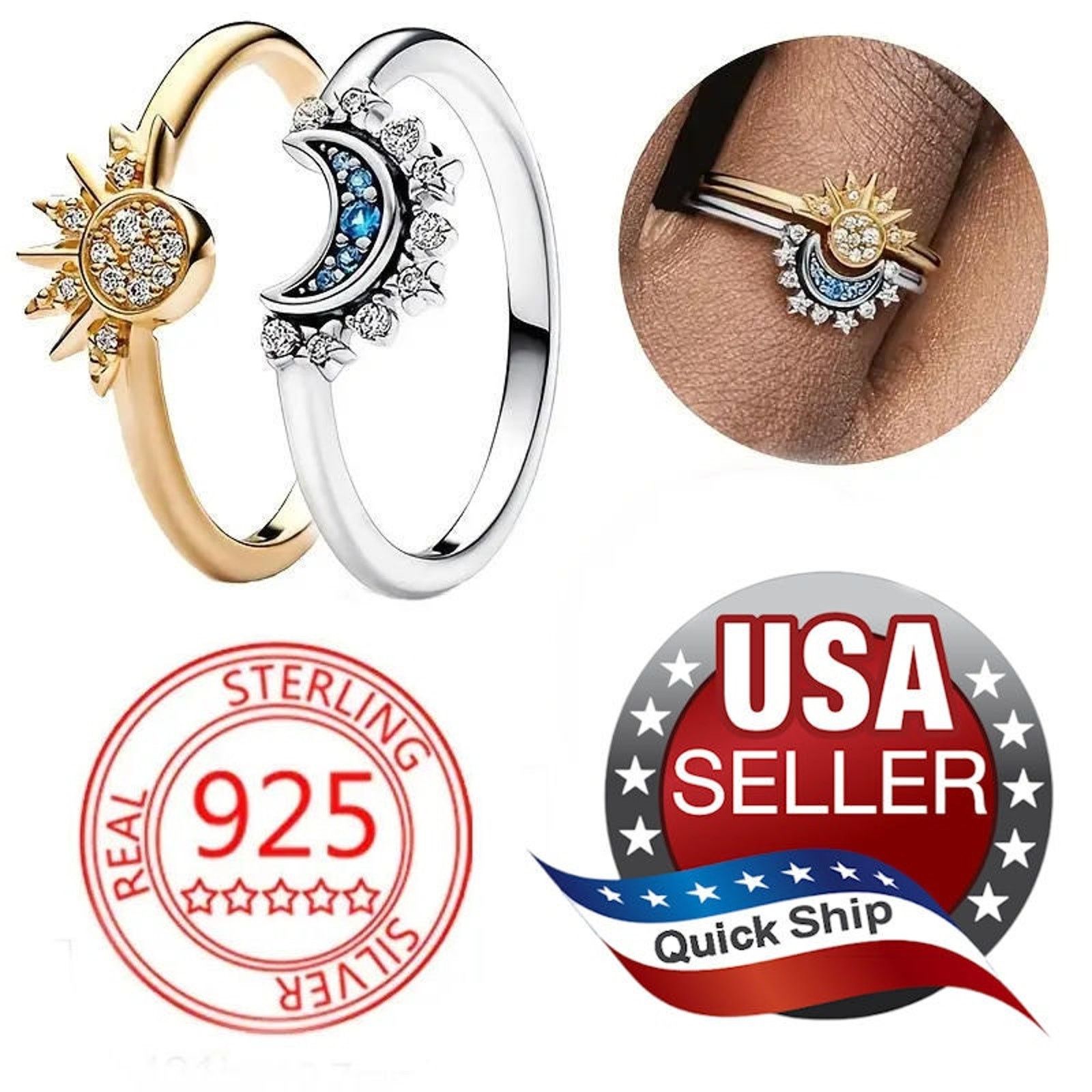 Other Blue Moon Golden Sun Ring Set 925 Silver Vermeil CZ •Sz 6.75 Size ONE SIZE - 1 Thumbnail
