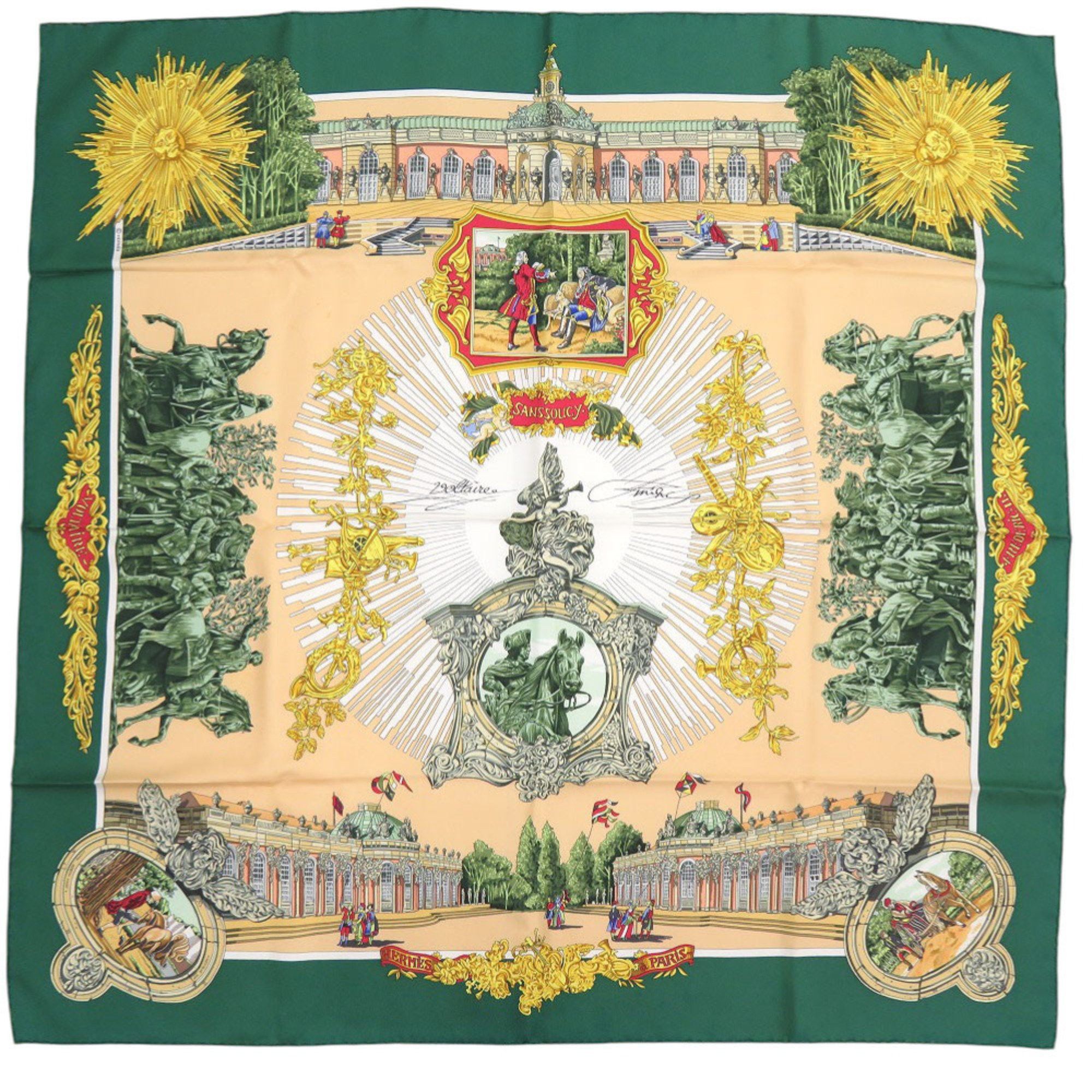Hermes Hermes Hermès Carré 90 Sanssouci Palace Silk Scarf Muffler in Green, Gold, and Red (0137) Size ONE SIZE - 1 Thumbnail