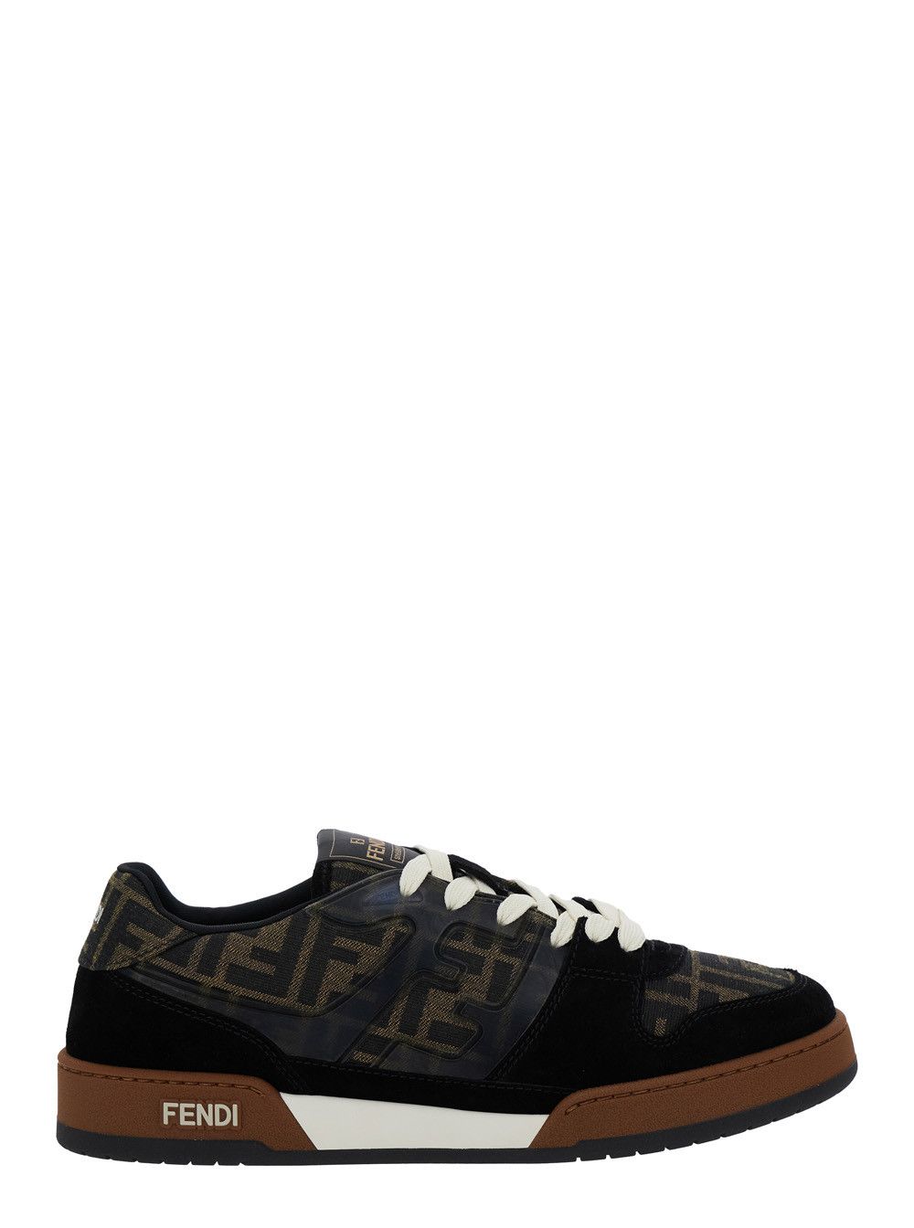 'Match' Brown Sneakers with Logo Patch on the Tongue and All-Over FF Motif in Leather Man