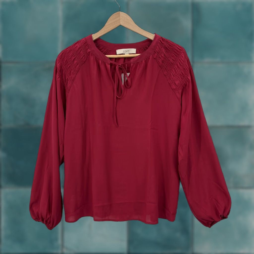 Loft LOFT Blouse Womens XS Red Smocked Shoulder Tie Neck Balloon Sleeve Top Feminine Size XS / US 0-2 / IT 36-38 - 1 Thumbnail