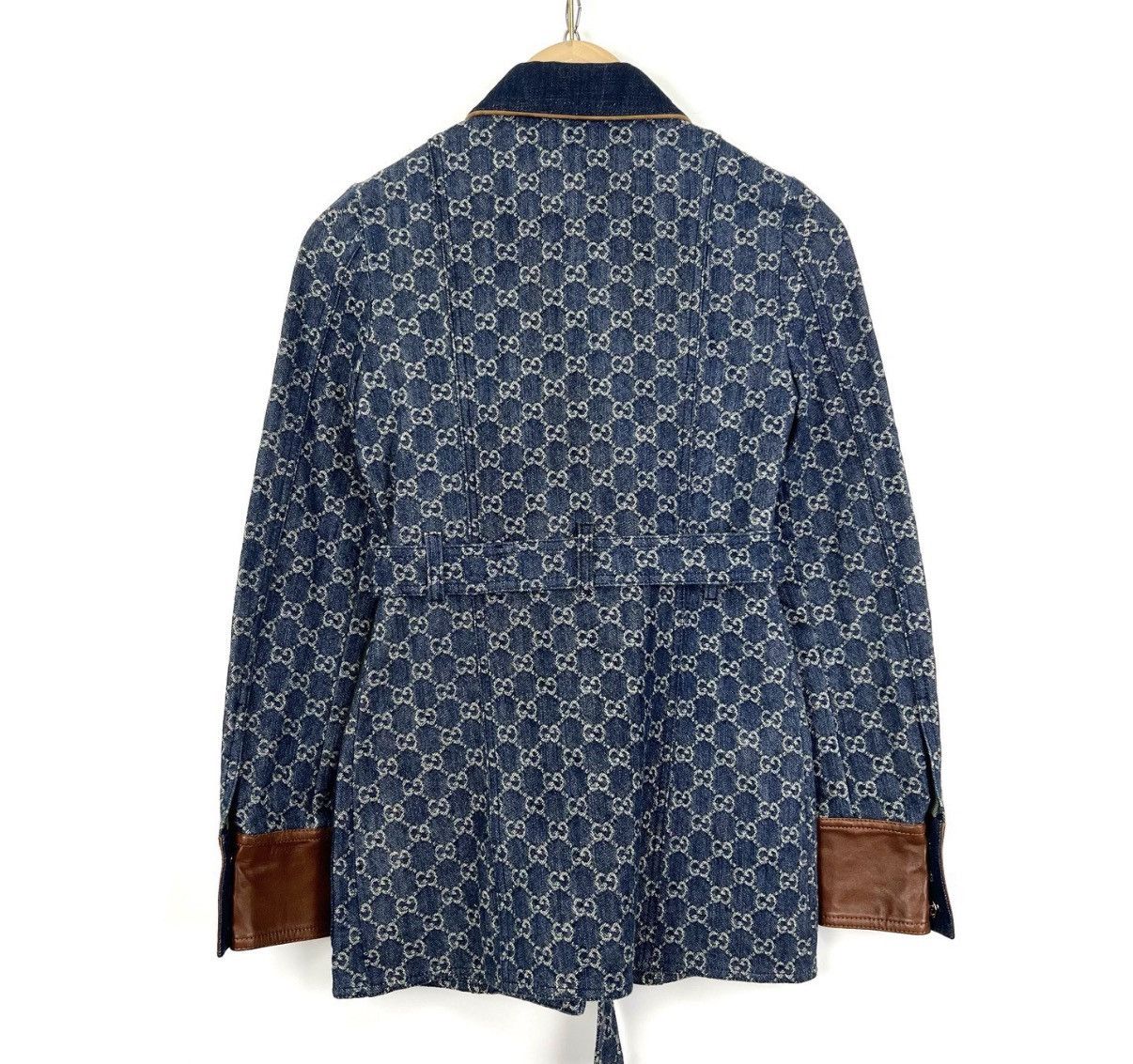 Gucci Gucci Dark Blue All-Over Logo Leather Panel Denim Jacket K12 Size XXS / US 00 / IT 34 - 2 Thumbnail