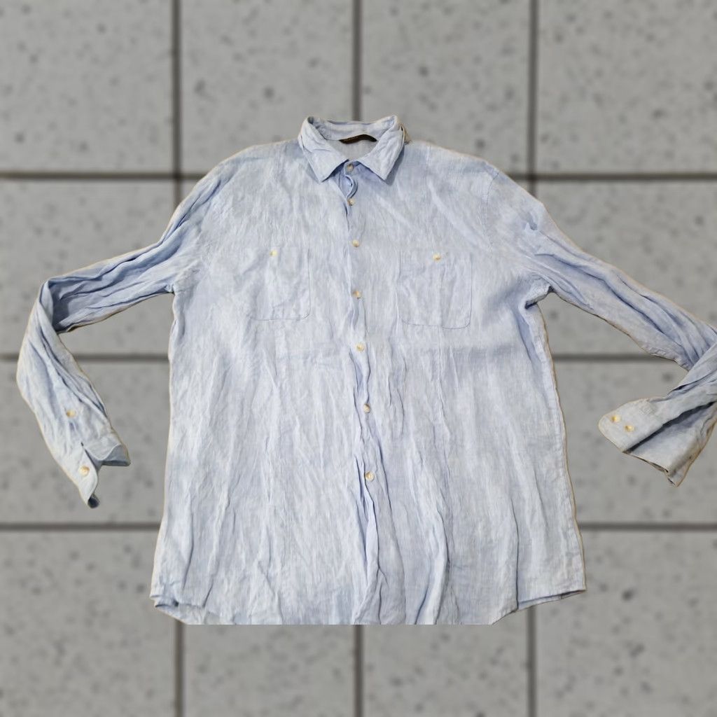 Perry Ellis VINTAGE Perry Ellis Mens Linen Dress Shirt XL Blue Button-Up Long Sleeve Size 46R - 1 Thumbnail