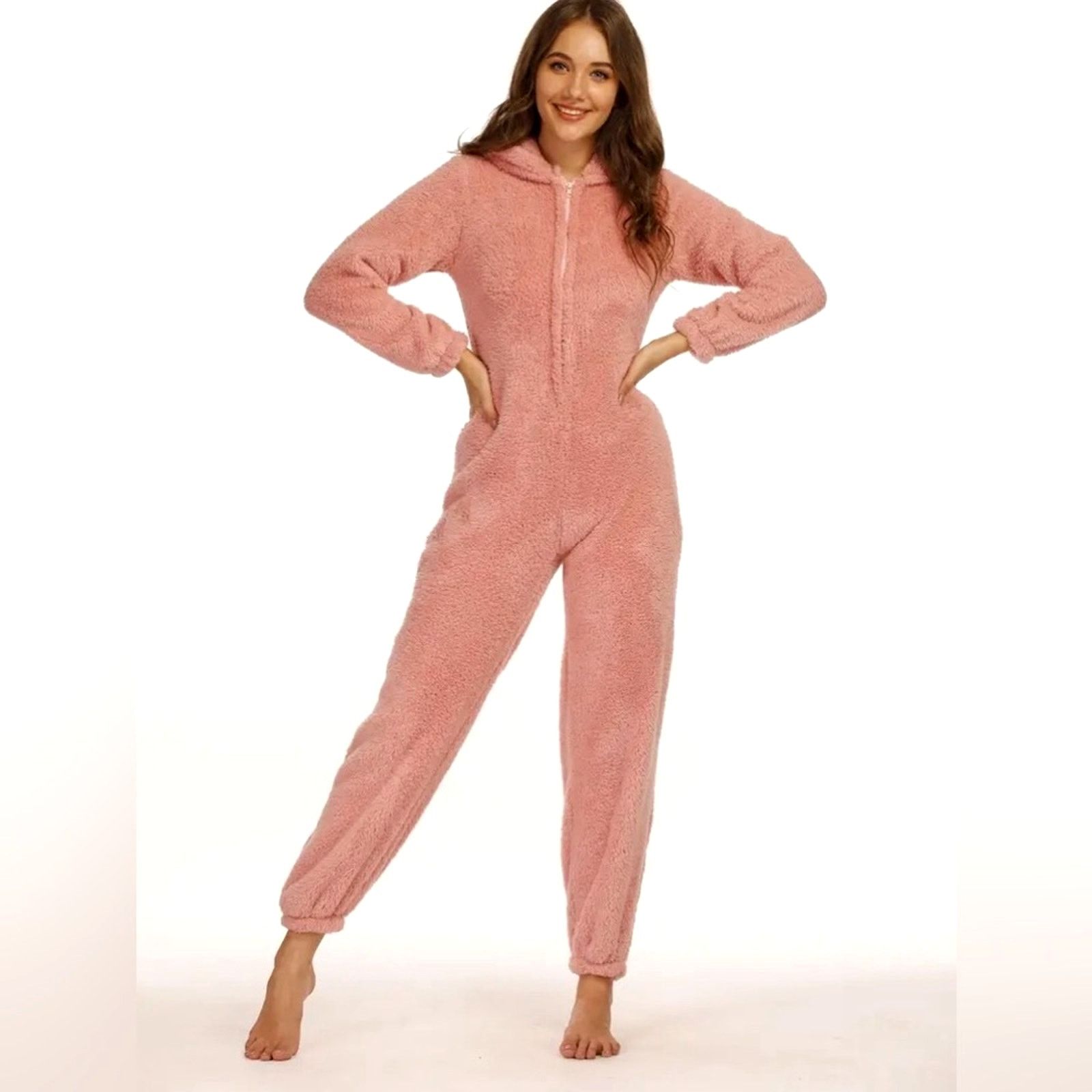 Other Zip Up Hooded Teddy Jumpsuit with Ears Black - size M Size 29" - 9 Thumbnail