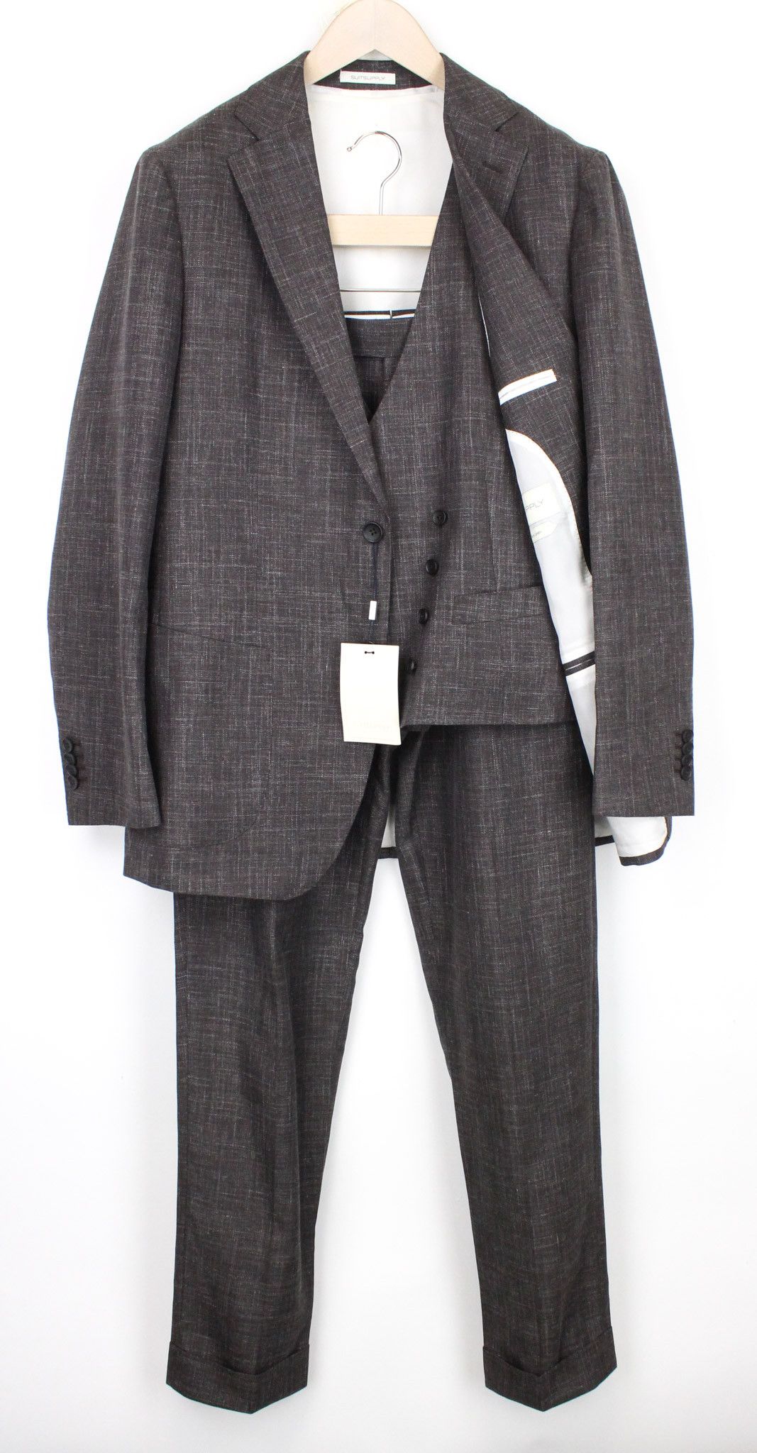 image of Suitsupply Havana Uk42R Slim 3-Piece Dark Brown Wool Silk Linen 67641, Men's