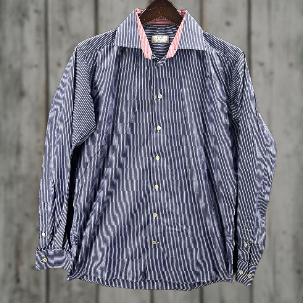 Eton Etón Dress Shirt Mens 15.5 40 15 3/4 Pink Blue Stripe Cotton Contemporary Quiet Lux Dress Shirt Mens Regular Blue Striped 40 15.5 Mens Gender: Mens Size 40R - 1 Thumbnail