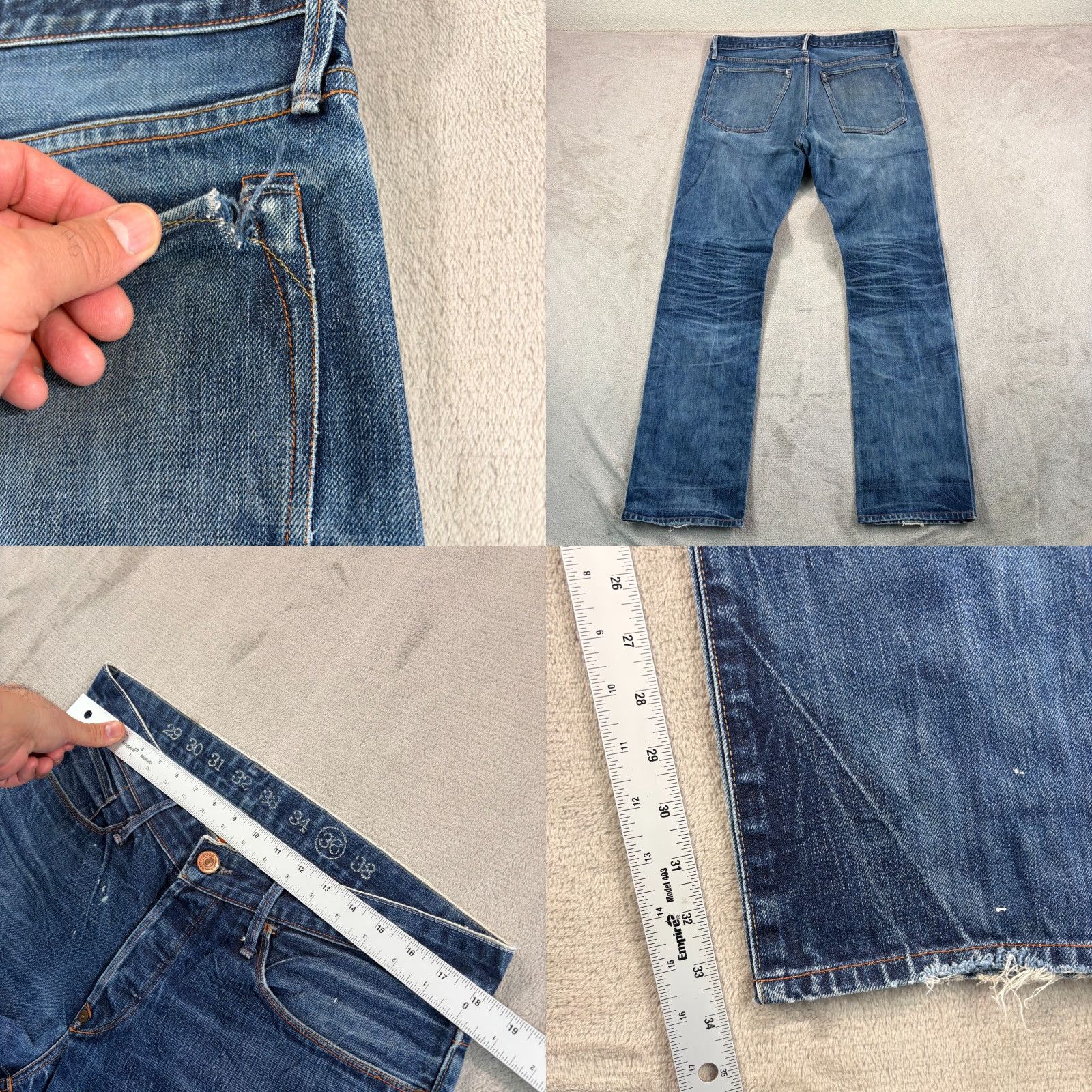 Denime VINTAGE Earnest Sewn Jeans Selvedge Denim Distressed Blue 5-Pocket Straight Regular Mens 36x34 USA Jeans Size US 36 / EU 52 - 8 Thumbnail